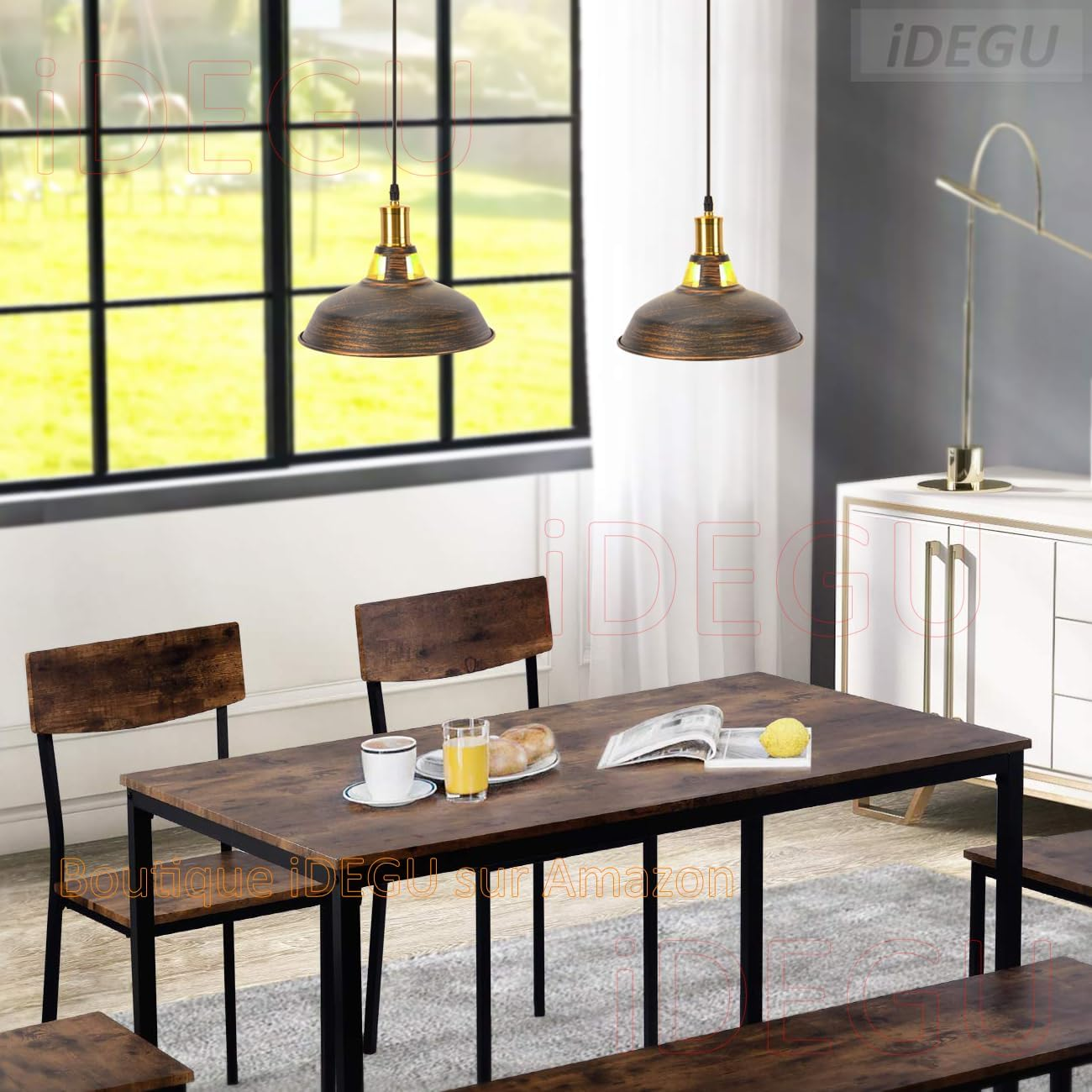 Idegu Pack of 2 Pendant Lights, Retro Pendant Lamp, Industrial Lampshade in Iron, Diameter 27 Cm, Vintage Pendant Light for Kitchen, Dining Room, Living Room, Bedroom, Hallway, Restaurant (Bronze) image number 3