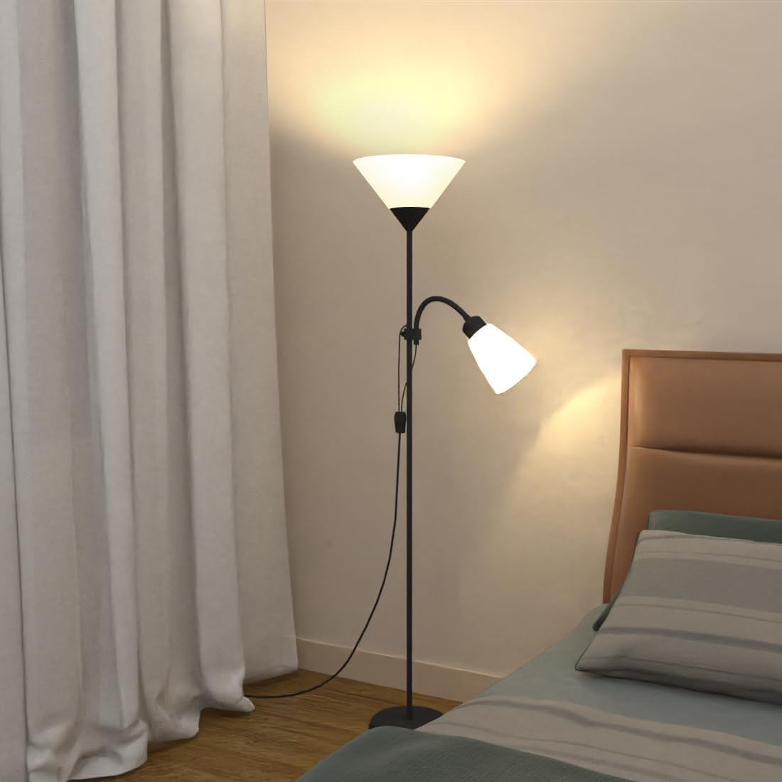 Sumkyle Floor Lamp with Double Lights, Vertical Ground Lamp with Adjustable Reading Light, Standing Light for Living Room, Bedroom, Office (Black) image number 2