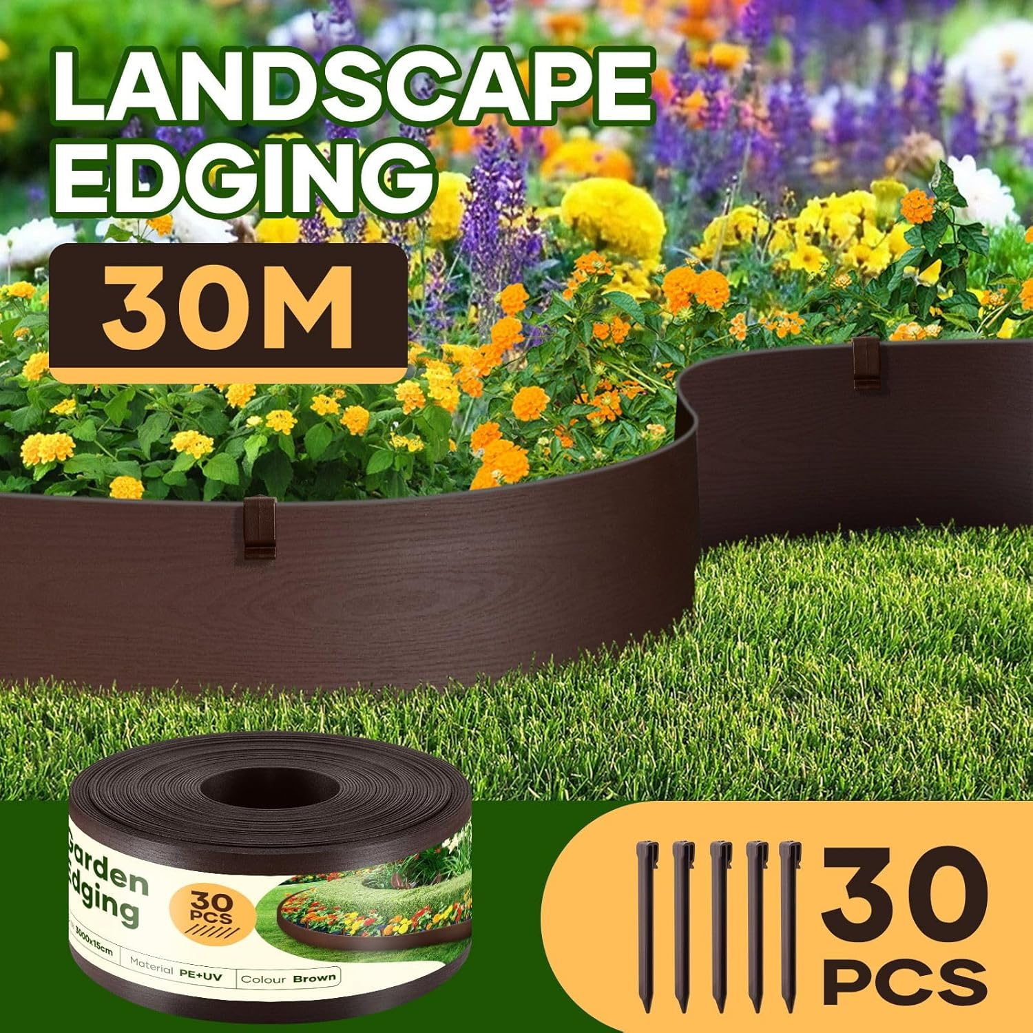 OGL 30Mx15Cm Garden Bed Edging, Flexible DIY Lawn Landscape Border Fence for Flower Plant Grass Path Driveway Plastic Barrier Roll Kit - 6Pcs/90X20Cm image number 2