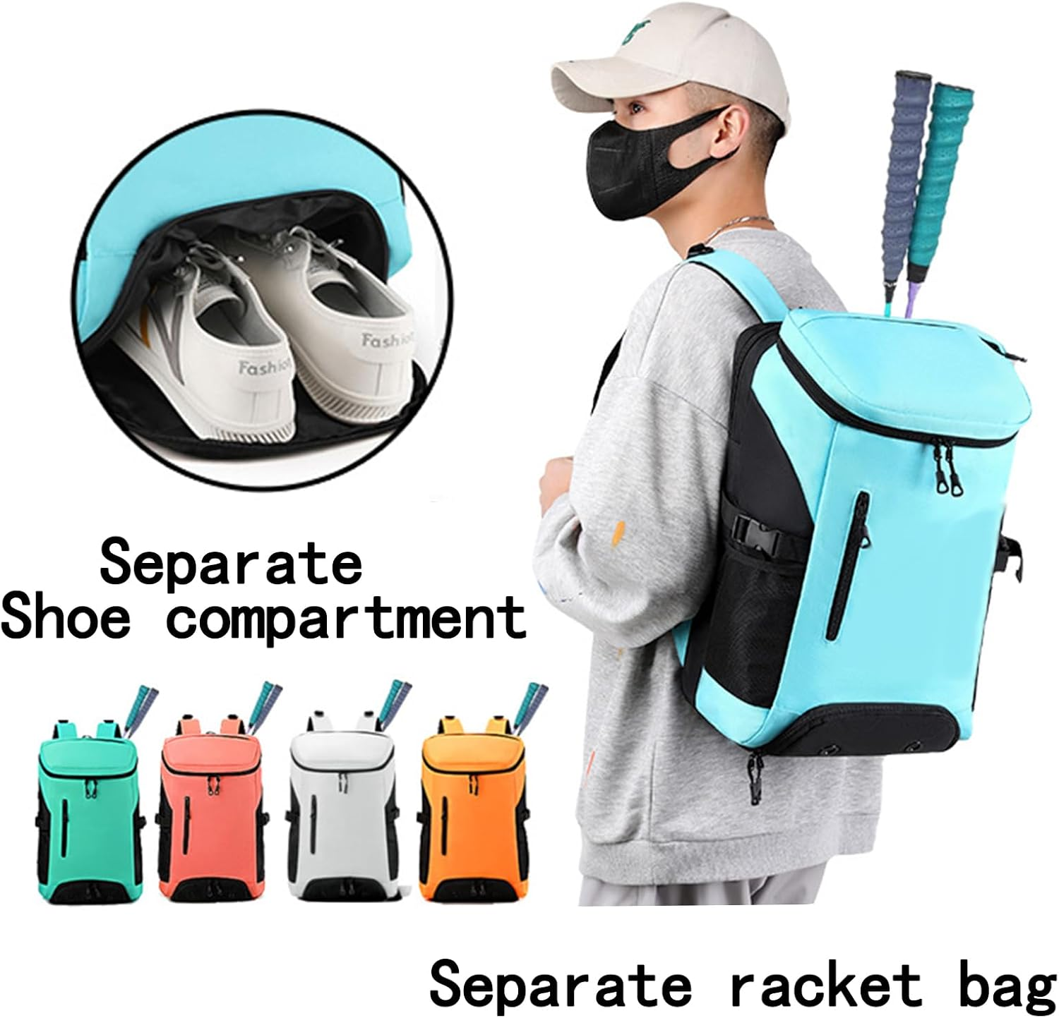 2-In-1 Tennis Bag with Shoe Compartment & Laptop Sleeve - Water Resistant Sports Bag for Men & Women, Large Tennis Racket Bag with Ventilated Pocket, Gym & Travel Backpack