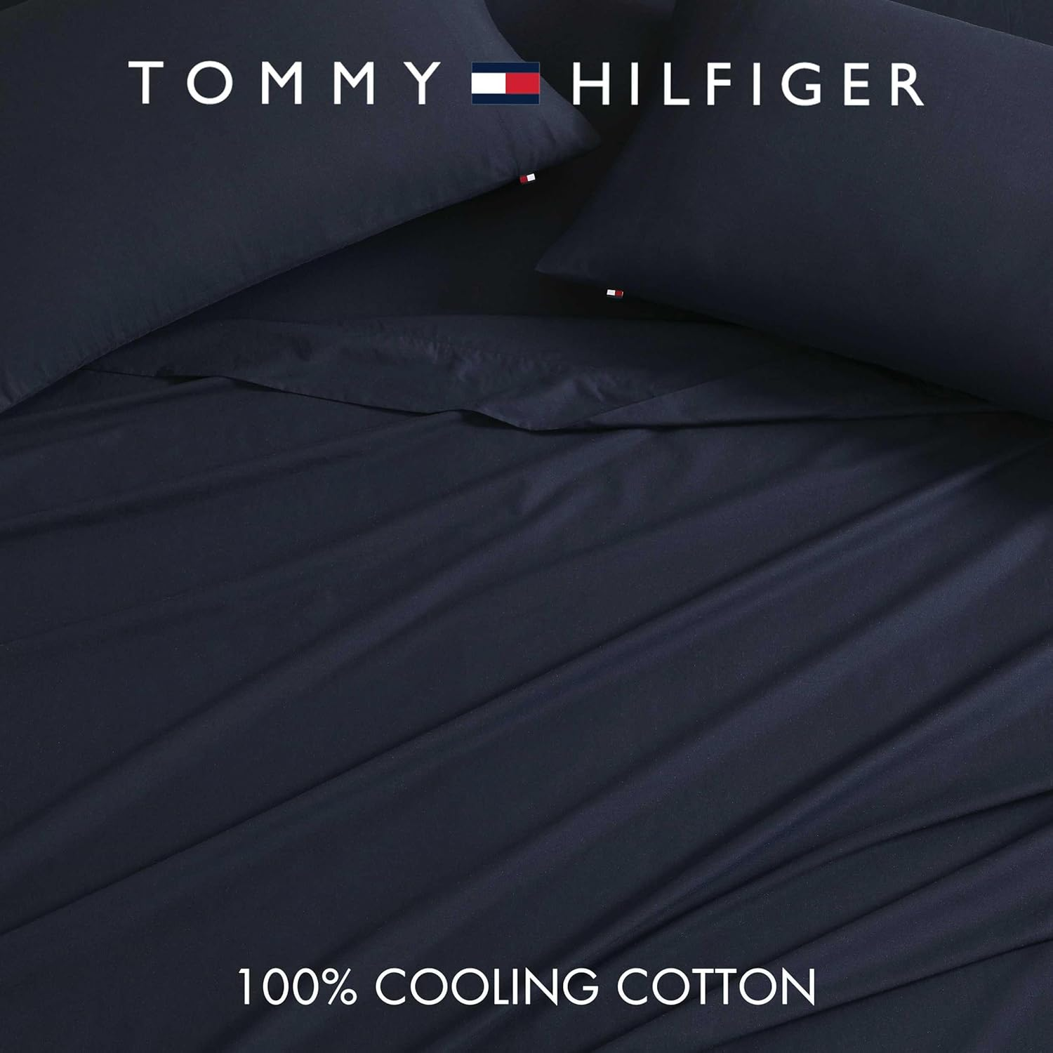 Tommy Hilfiger - King Bed Sheets, Moisture-Wicking Cotton Bedding with Matching Pillowcase, Lightweight Bed Set, Deep Pockets, Oeko-Tex Certified (Performance Cooling Navy) image number 1