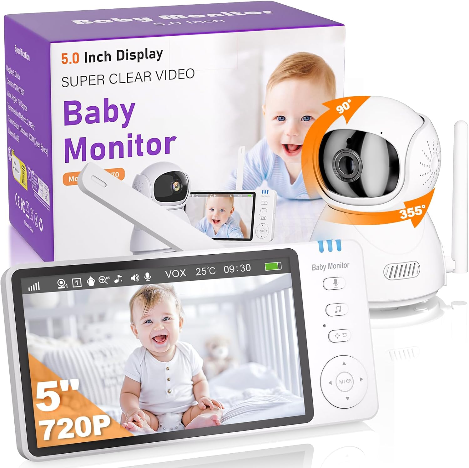 BURNNOVE Baby Monitor with Camera 5'' 720P HD Screen Baby Video Monitor with Two Way Audio 2X 4X Digital Zoom VOX Mode Night Vision Temperature Monitoring 8 Lullabies and 5 Alarms image number 4