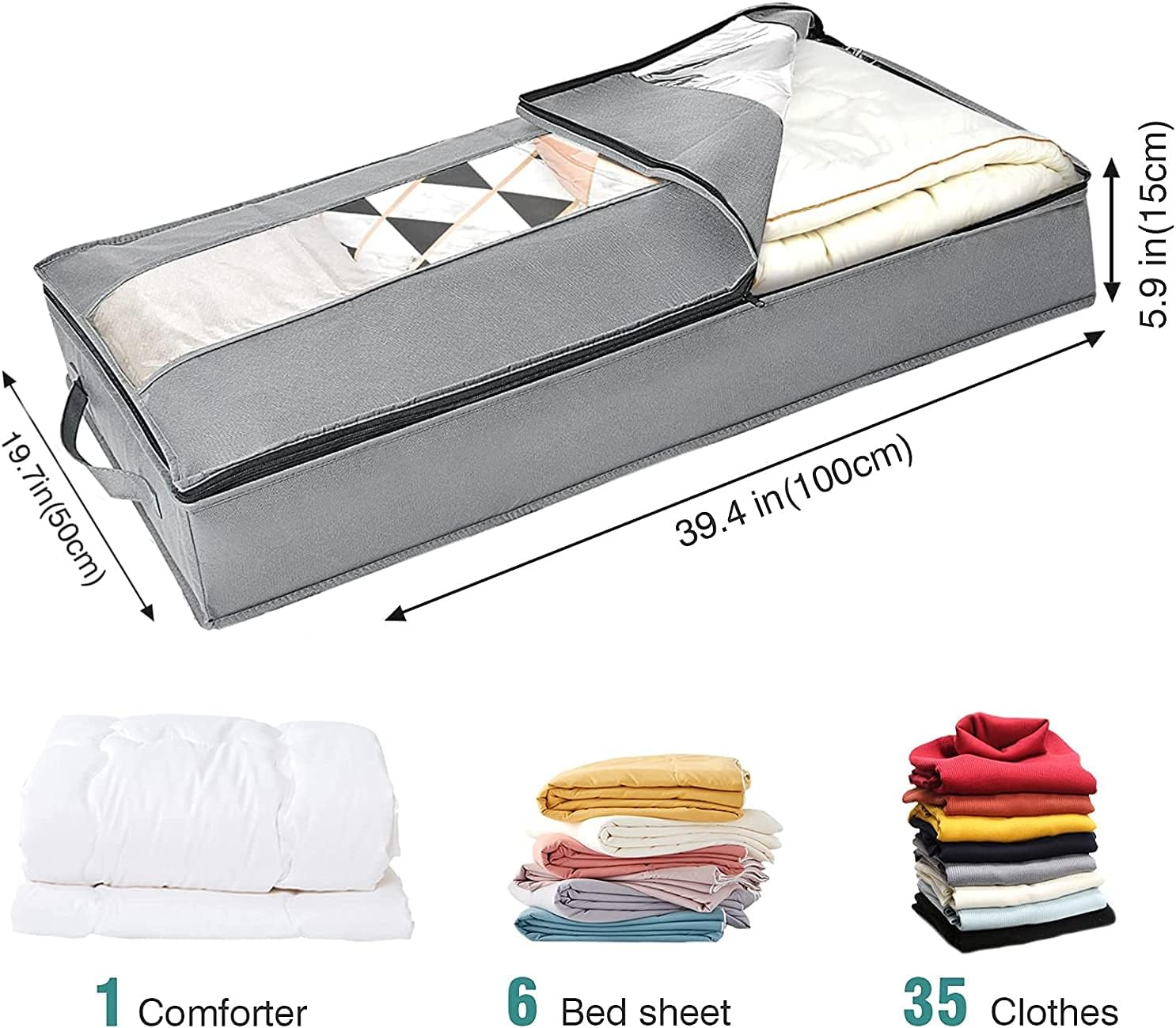 Underbed Storage Bags Solutions Organizer with Zips and Clear Window for Clothes,Duvet Comforters Blankets Bedding Quilts Moving(2 Pack) image number 4