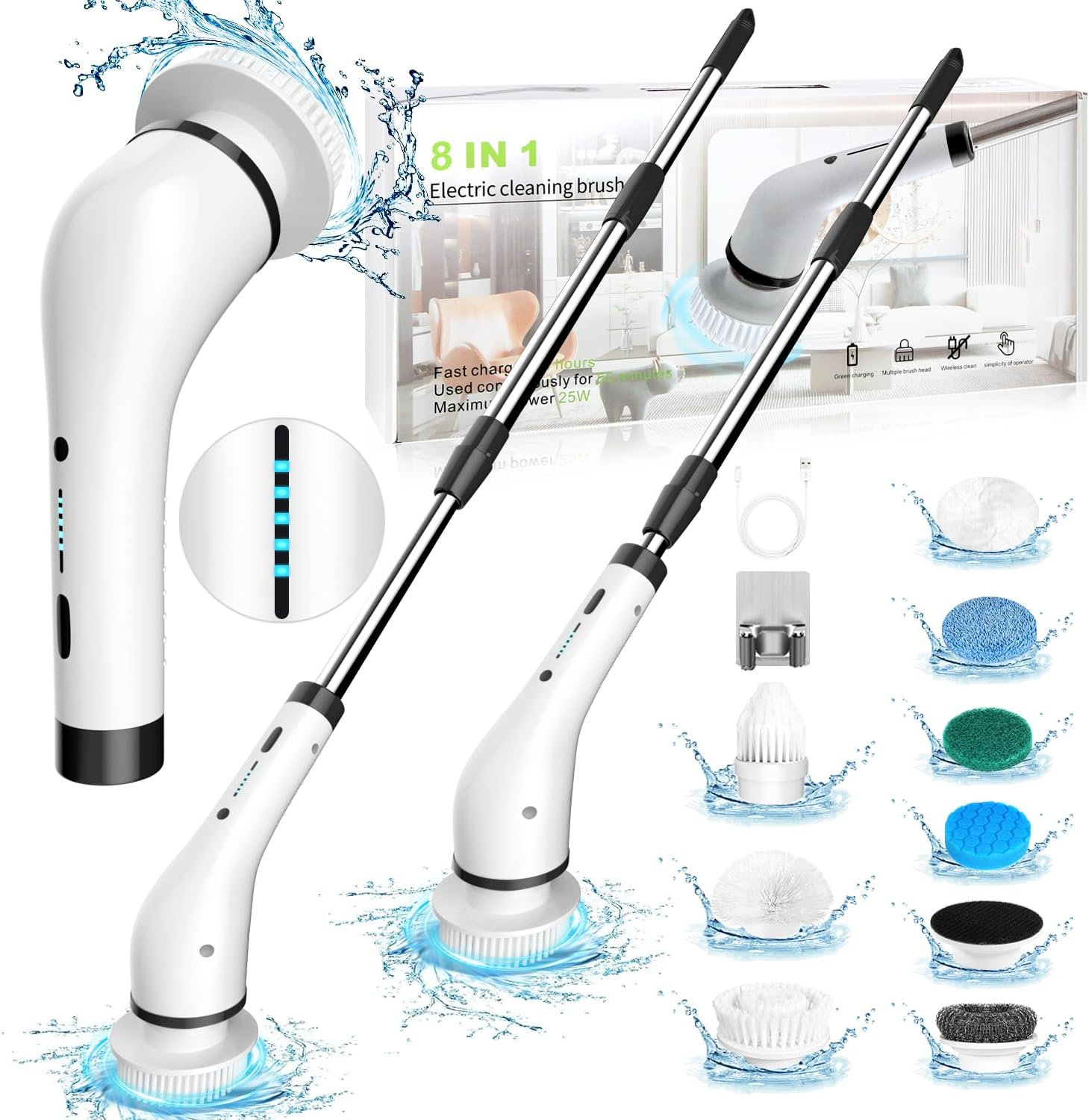 GRUTTI Electric Spin Scrubber, Cordless Shower Scrubber with 8 Replaceable Brush Heads, Electric Bathroom Scrubber with 2 Speeds, Adjustable Extension Arm, for Bathtub Window Car Grout Tile Floor image number 2