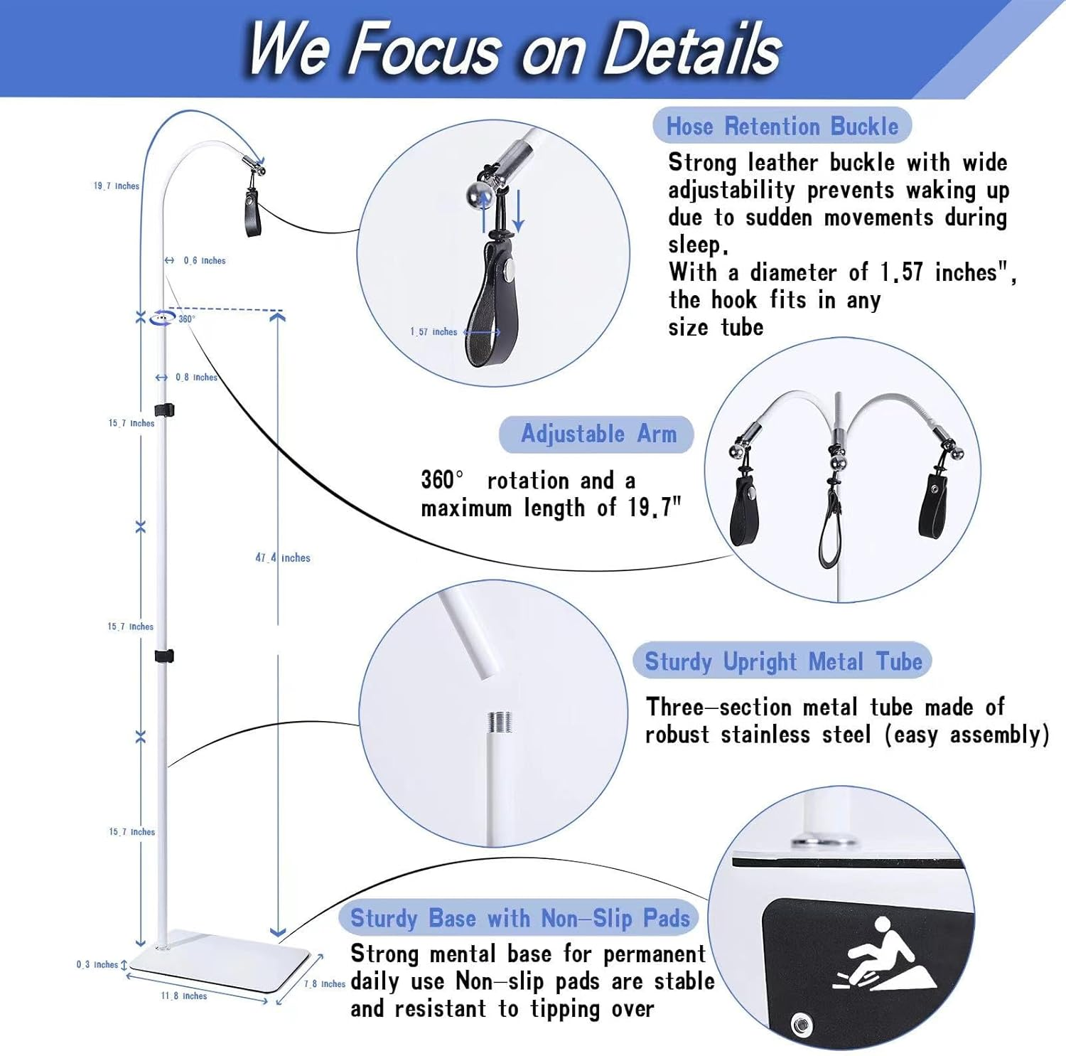 CPAP Hose Holder for Bed with Adjustable Height and Angle,Avoid Hose Entanglement，Cpap Hose Hanger Material Is Anti-Rust Alloy,White image number 1