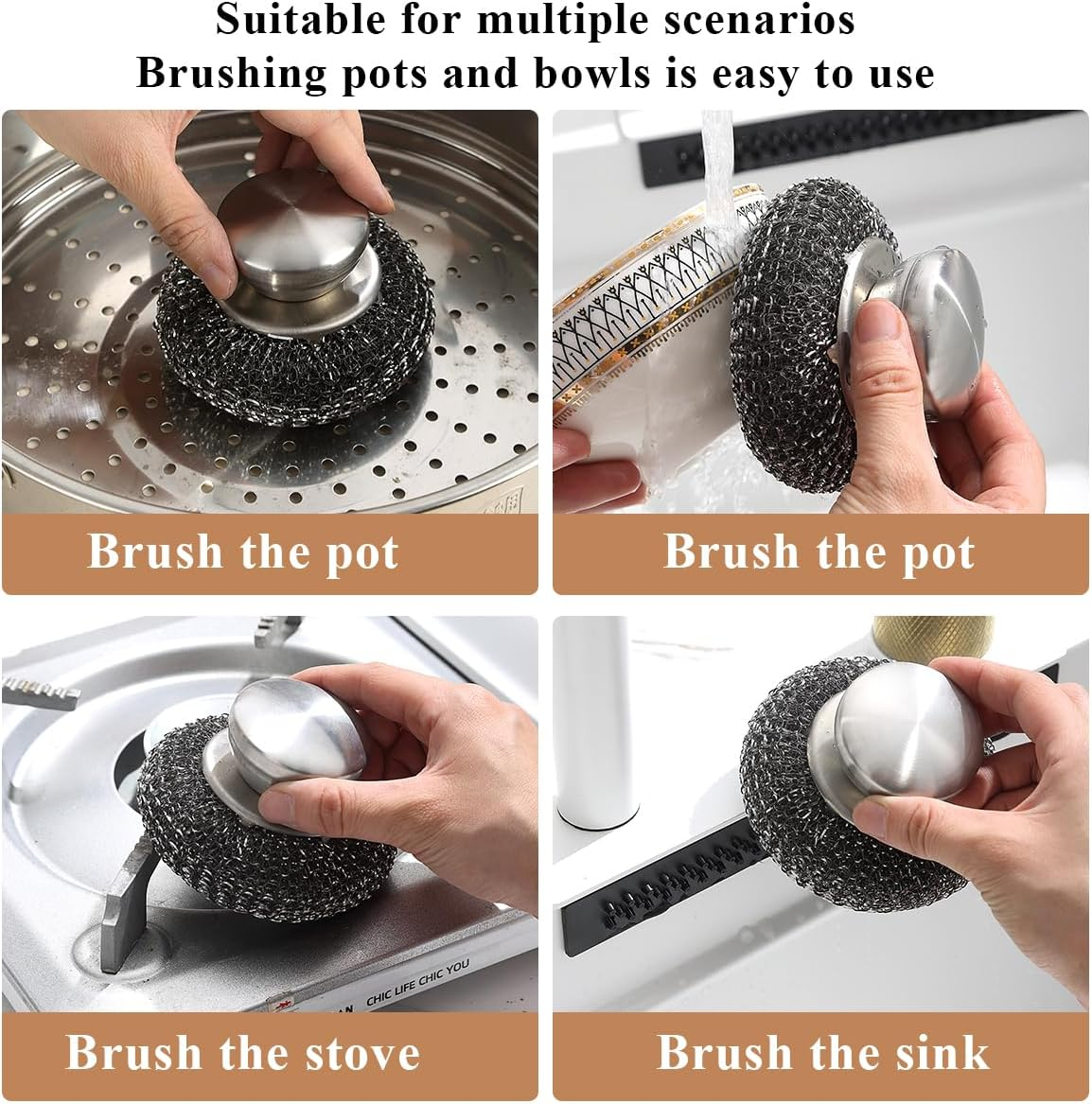 Kyraton Stainless Steel Scourers with Handle to Protect Your Hand Set of 5, Big Metal Wire Wool 4 X 4In Confortable to Hold and Durable and Strong image number 1