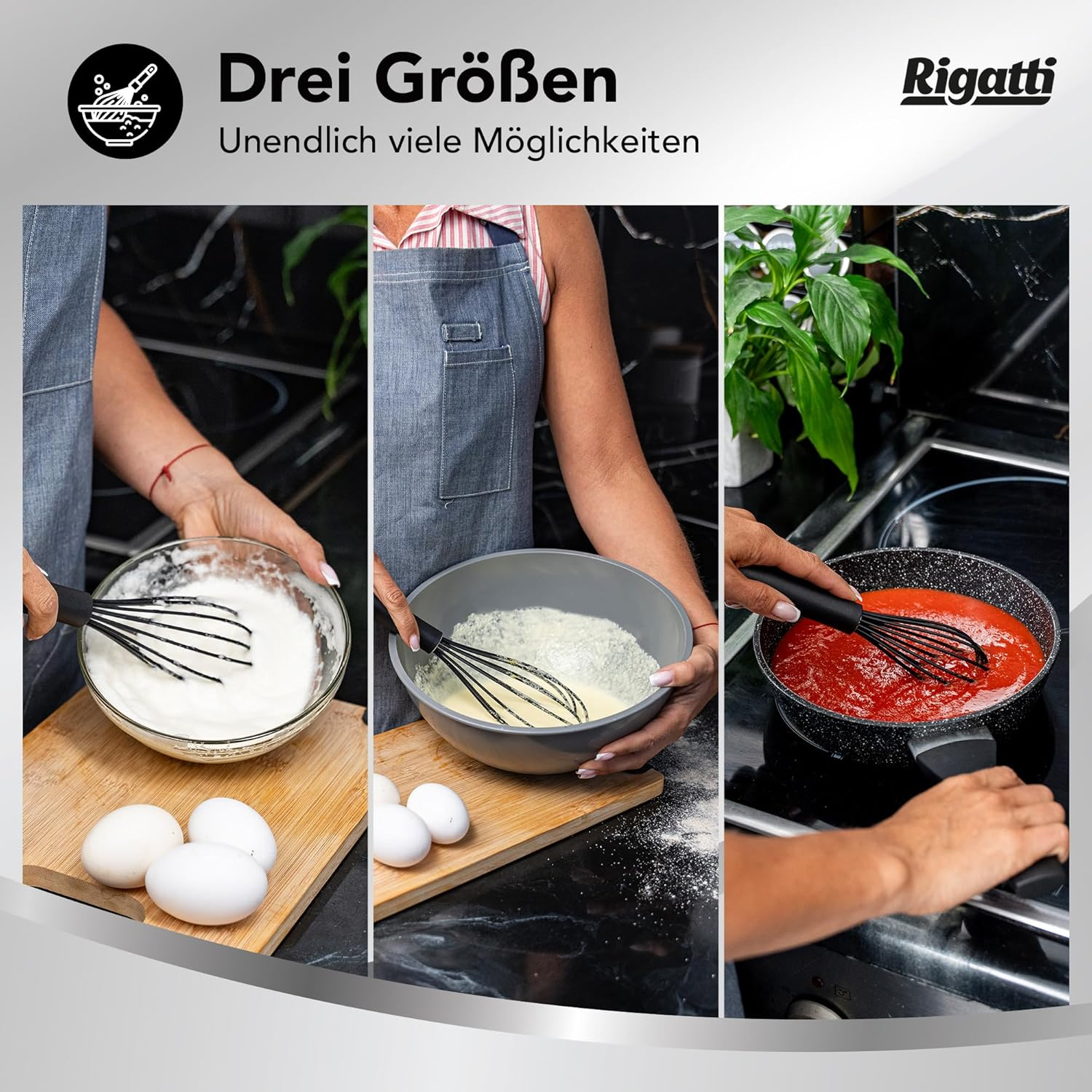 RIGATTI Whisk Set of 3, Stainless Steel Wires with Silicone Cover, Ergonomic Non-Slip Bpa-Free Easy Cleaning, Kitchen Whisk, Baking Cooking Accessories, Kitchen Helper, Spiral Whisk