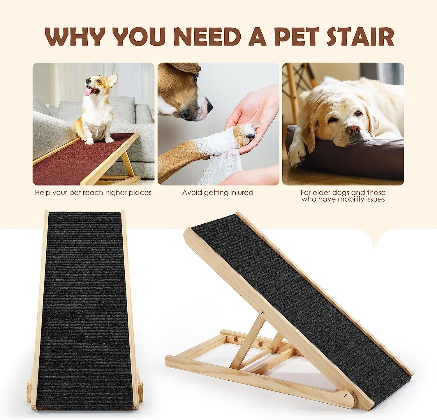 Dog Stairs Pet Ramp for Bed 4 Level Adjustable Ladder for Bed Car Outdoor Indoor,Foldable Pet Step from New Zealand Pine Wood image number 4