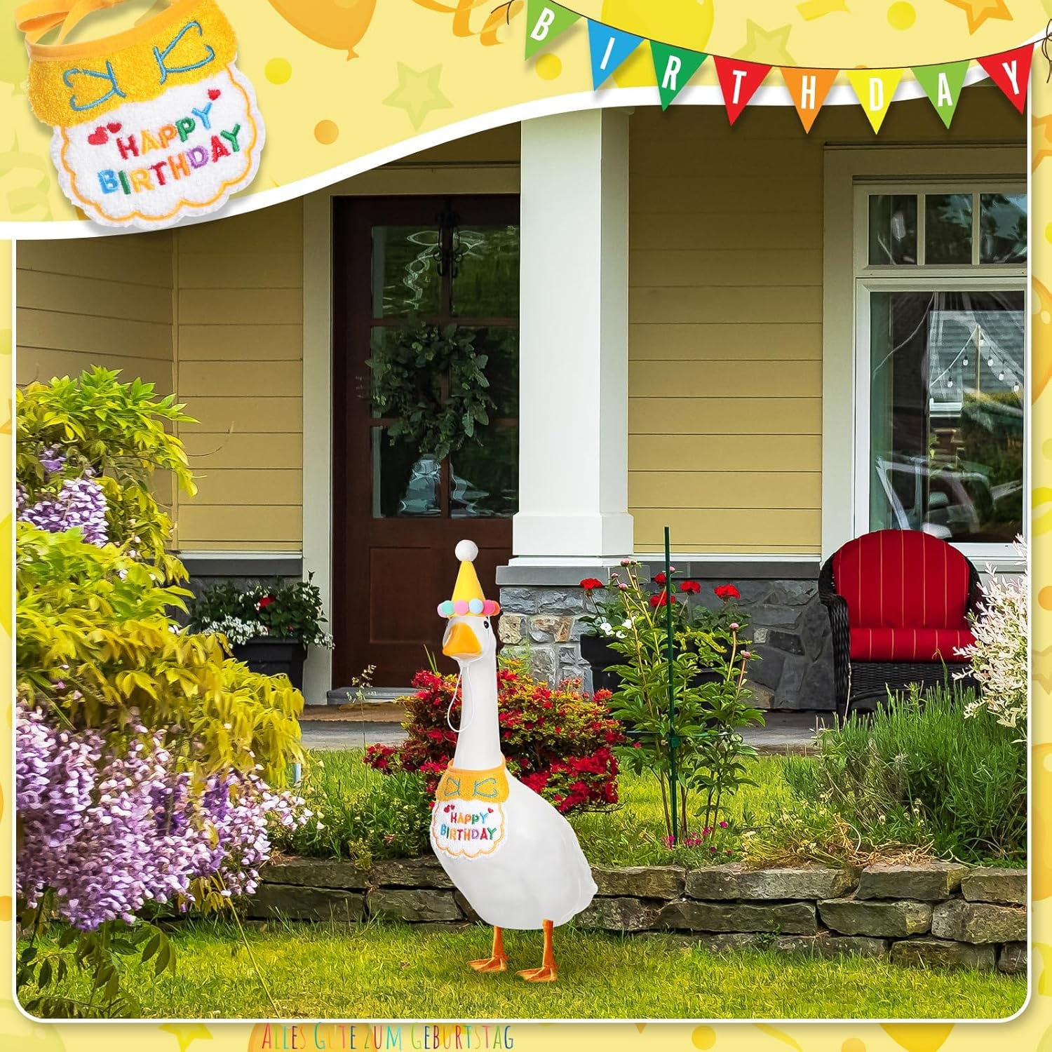 Abbylike Happy Birthday Goose Outfit Lawn Porch Goose Outfits with Party Hat Bandana for 23" 17" Cement Plastic Duck Decor - Yellow image number 5