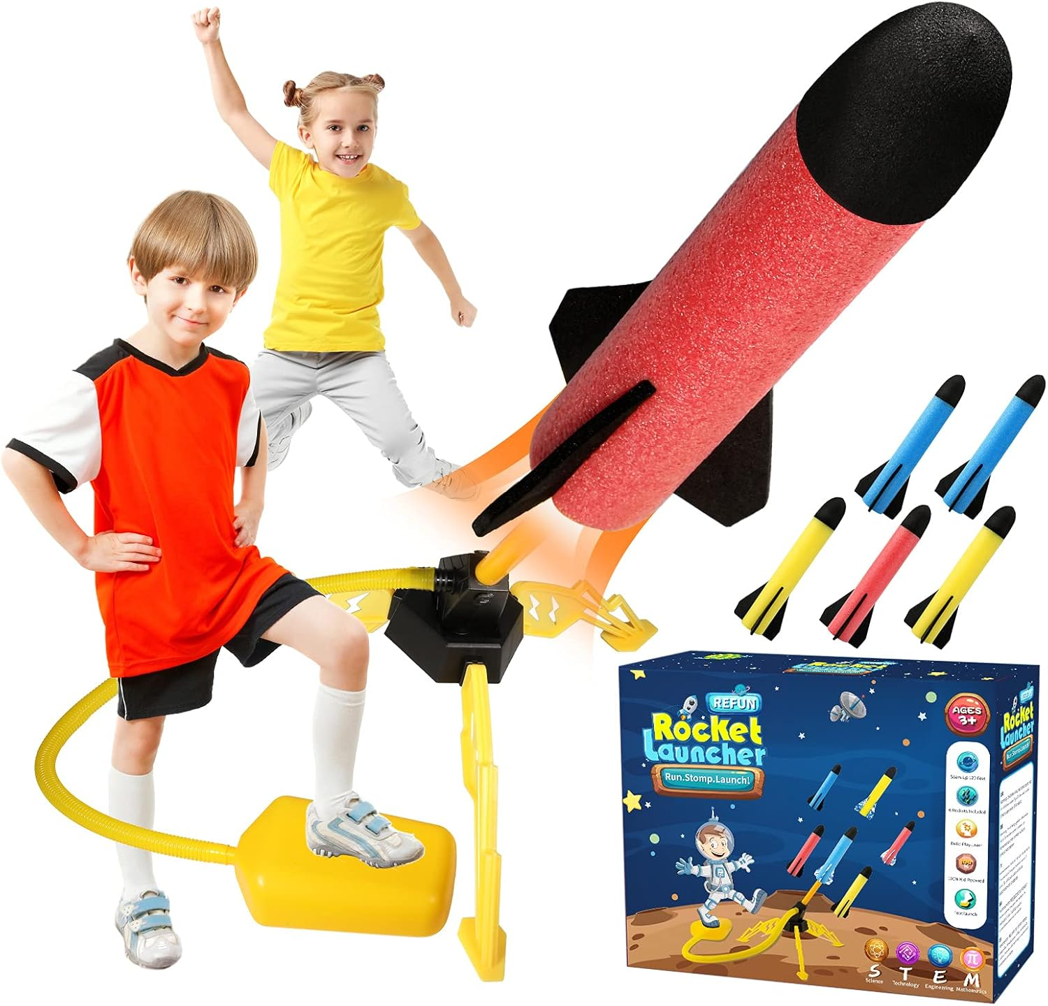 REFUN Rocket Launcher for Kids with 6 Foam Rockets - STEM Boys & Girls Ages 3+ - Christmas Xmas Easter Egg Gifts - Fun Outdoor/Indoor Toy