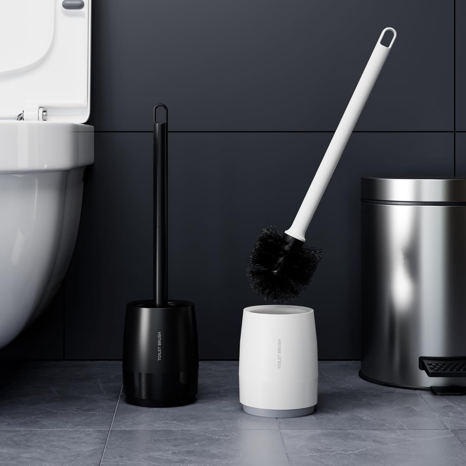 Toilet Bowl Brush and Holder Set for Bathroom, Toilet Cleaning Scrubber Cleaner Brush for Bathroom for Deep Cleaning with Stiff Plastic Bristle, Ventilated Holder (White) - 2Black image number 2