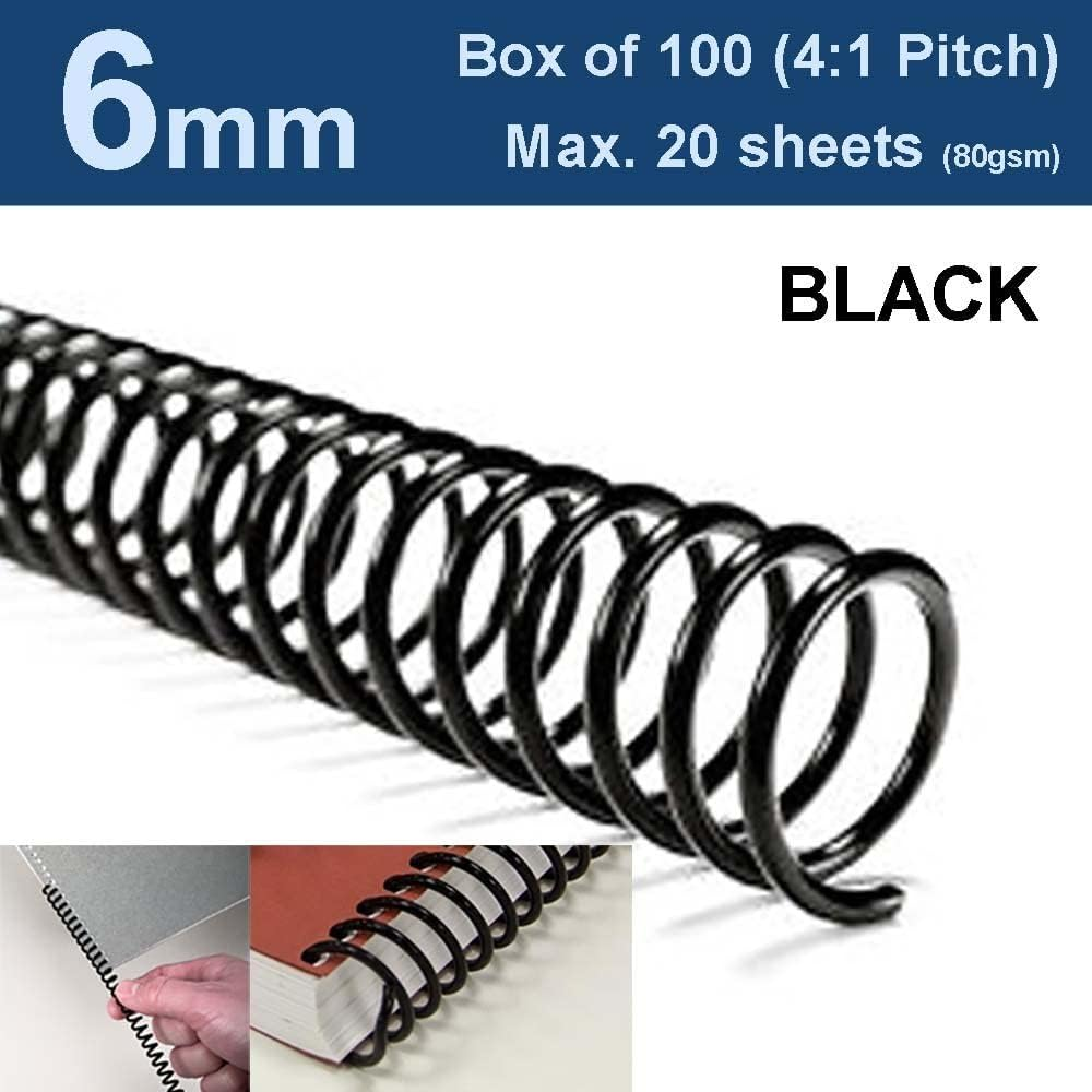 6Mm Plastic Spiral Binding Coils - 4:1 Pitch Black (Box of 100)