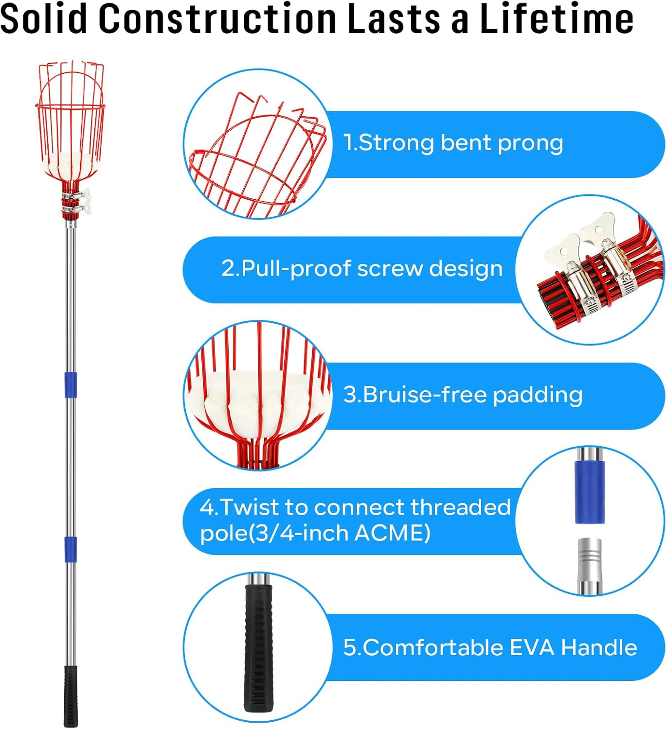 SANLIKE Fruit Picker Pole with Basket 13 FT Adjustable Higher Lightweight Fruit Grabber Tool with Extension Pole for Apple Avocado Lemon Peach Pear Mango and Other Fruit Tree Harvester image number 1