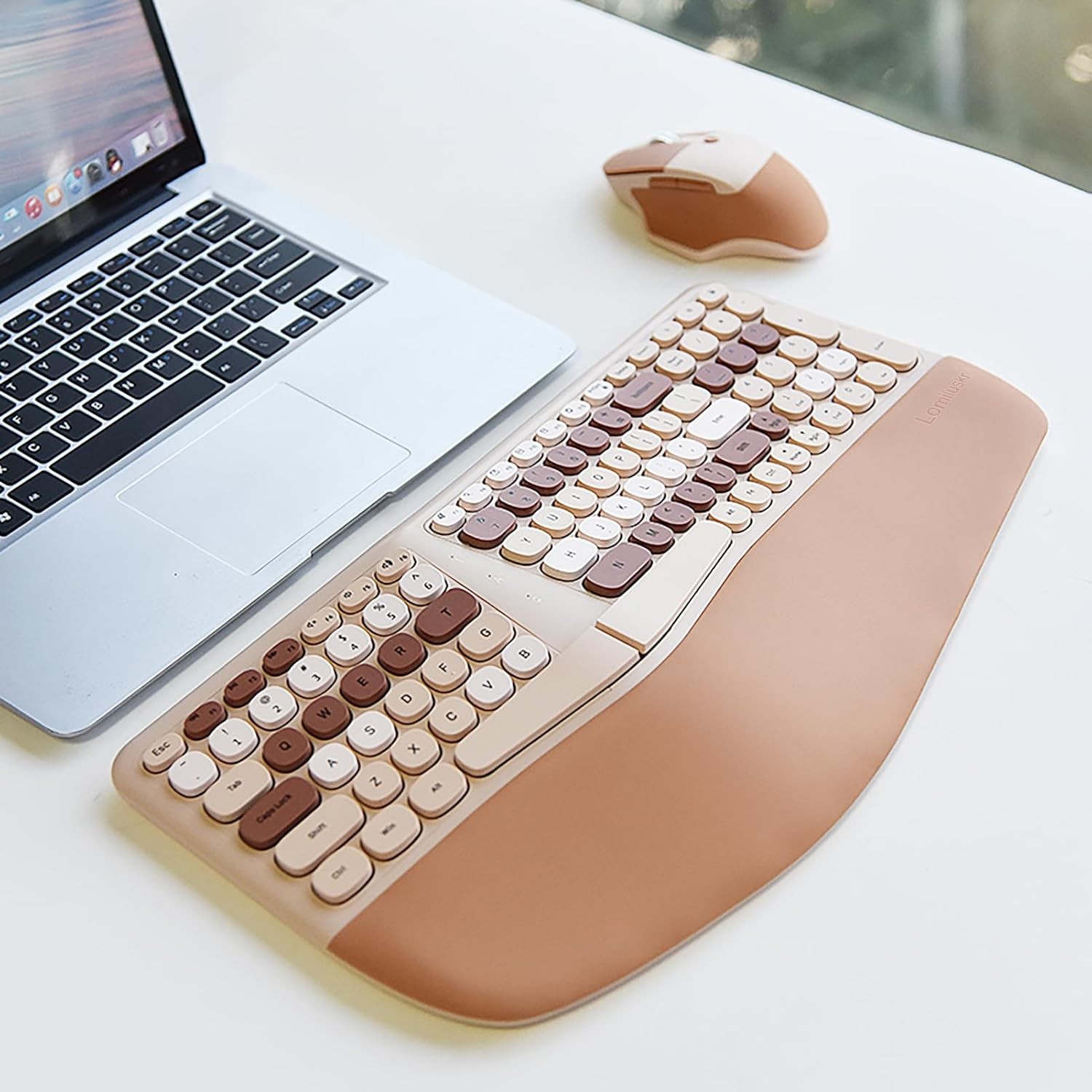 Wireless Ergonomic Keyboard and Mouse Combo, Split Keyboard, Stain-Resistant Comfortable PU Wrist Rest, Natural Typing, 2.4G Connectivity, Compatible with Pc/Laptop (Milk Tea)
