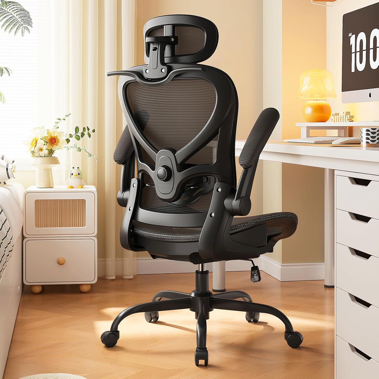 Ergonomic Chair with 3D Headrest, Office Chair with Coat Hanger, Gaming Chair with 2D Lumbar Support & Flip up Arms, Computer Chair Mesh Cushion & Backrest for Office, Study & Meeting,Black image number 2