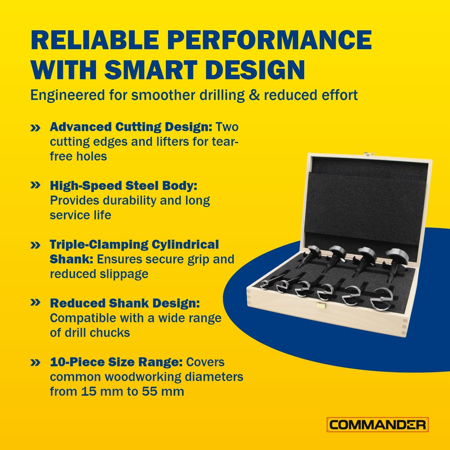 Black Shark Pro Forstner Drill Bit Set 10 Pieces Diameter 15-20-25-26-30-35-40-45-50-55 Mm Length 90 Mm in Wooden Case image number 3