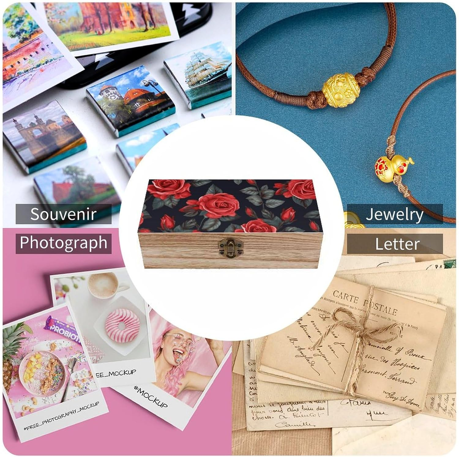 Red Rose Flowers Wooden Box Wood Wedding Keepsake Boxes with Lids Small Decorative Boxes Lightweight Wooden Memory Storage Box for Crafts Keepsakes Jewelry Photo Letter Storage image number 1