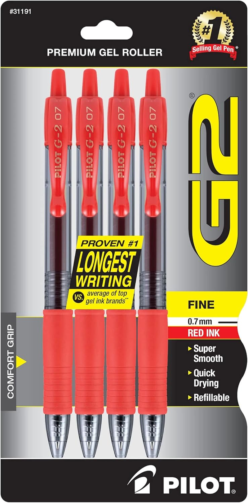 PILOT G2 Premium Refillable & Retractable Rolling Ball Gel Pens, Fine Point, Black Ink, 4-Pack (31057)