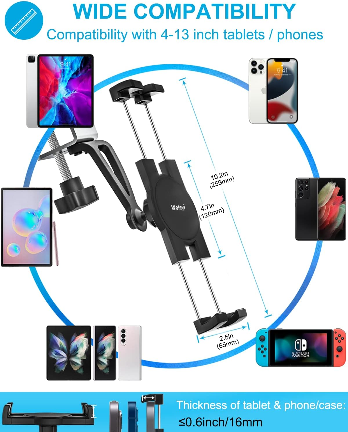 Woleyi Kitchen Cabinet Tablet Mount, Easy-Install under Cabinet Tablet Clamp Holder Stand for Ipad Pro/Air/Mini, Galaxy Tab/Z Fold, Fire HD, Surface Pro, Switch, Iphone, 4-13" Cell Phones and Tablets image number 5
