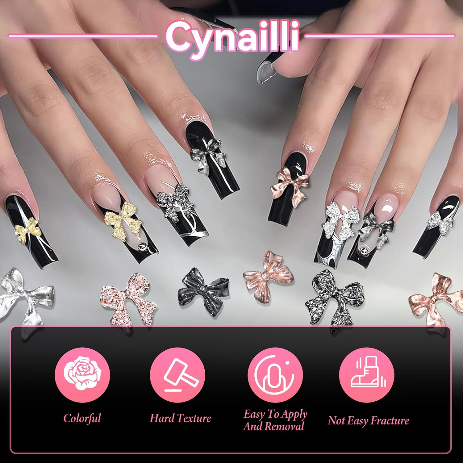 60 Pcs Metal Bow Nail Gems Charms, 3D Alloy Bow Bowkont Nail Charms for Acrylic Nails, 12 Styles Silver Gold Black Bows Nail Art Charms, Bow Nail Jewelry for Nails DIY Y2K Decoration image number 4