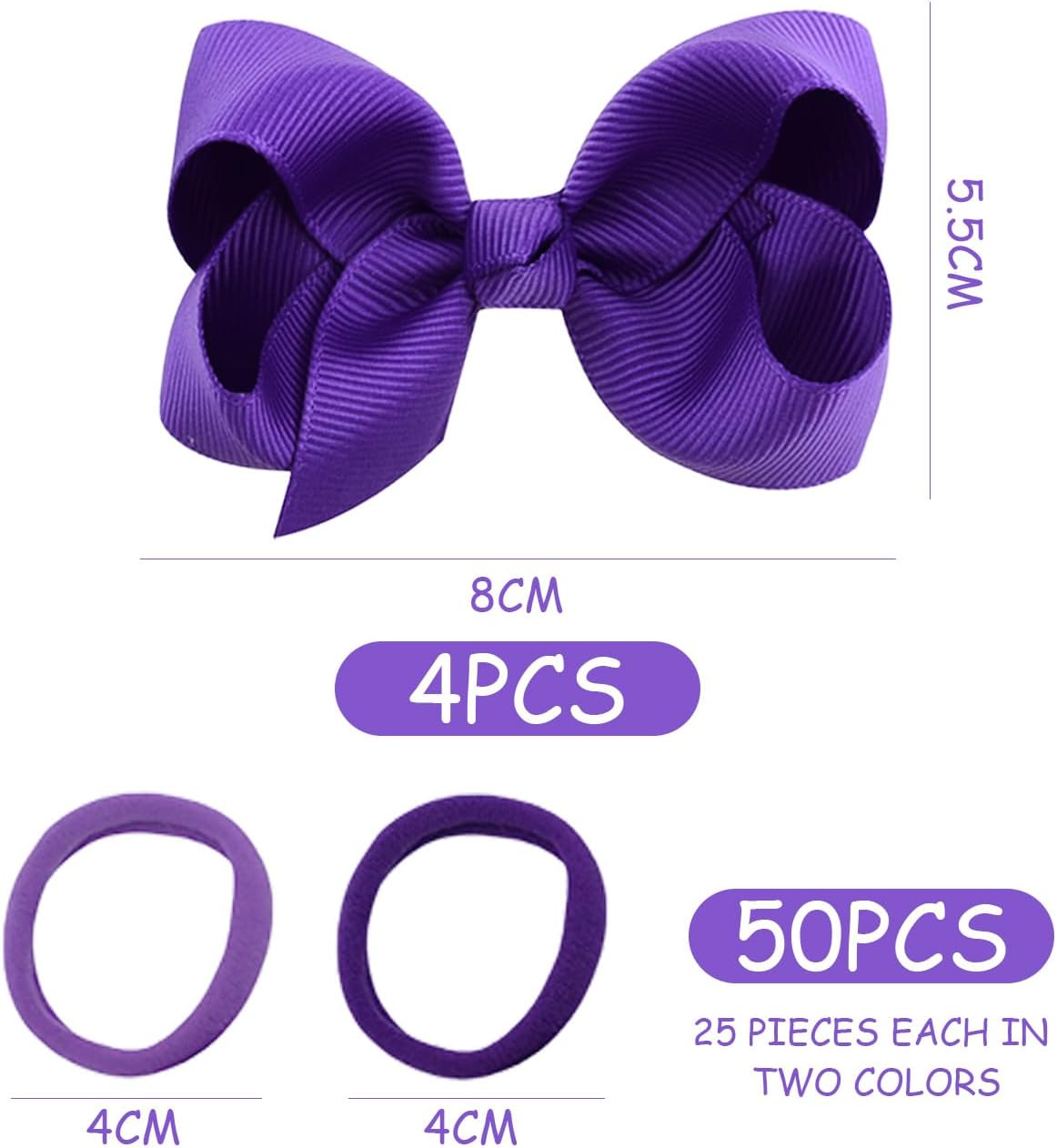 4 Purple Hair Accessories, Pack of 50 Women'S Hair Ties, Women'S Bow Hair Clips, Girls Bow Hair Accessories, Suitable for Daily Wear and Match with School Uniforms