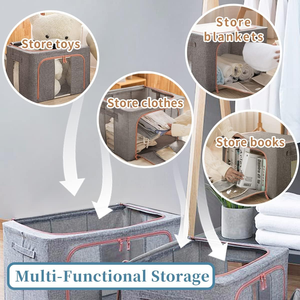 Miss Rui Clothes Storage Organizer Bag Linen 2 Pack Large 66L Capacity Closet Organiser Bins Containers Steel Frame Storage Box for Clothing with Clear Window & Reinforced Handles (Grey) image number 5