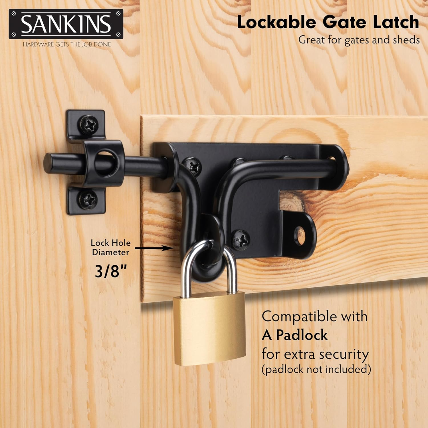SANKINS Slide Bolt Gate Latch for Wooden Fence, Heavy Duty Black Sliding Bolt Gate Lock Latch Hardware with Padlock Hole, Door Gate Latch for Wooden Gate Vinyl Fence Barn Shed, 1 Pack image number 1