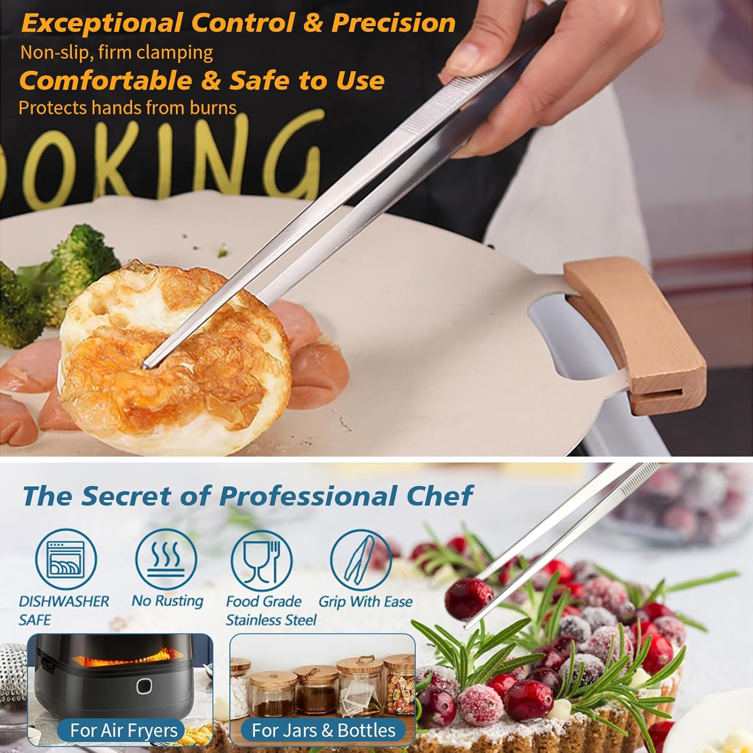 2PCS Professional Stainless Steel Cooking Tweezers Chef-Grade Food Utensil Tongs for Plating, BBQ, Frying Fish Heat-Resistant Kitchen Utensil with Ergonomic Handle Kitchen Tweezers Tongs (2) image number 3