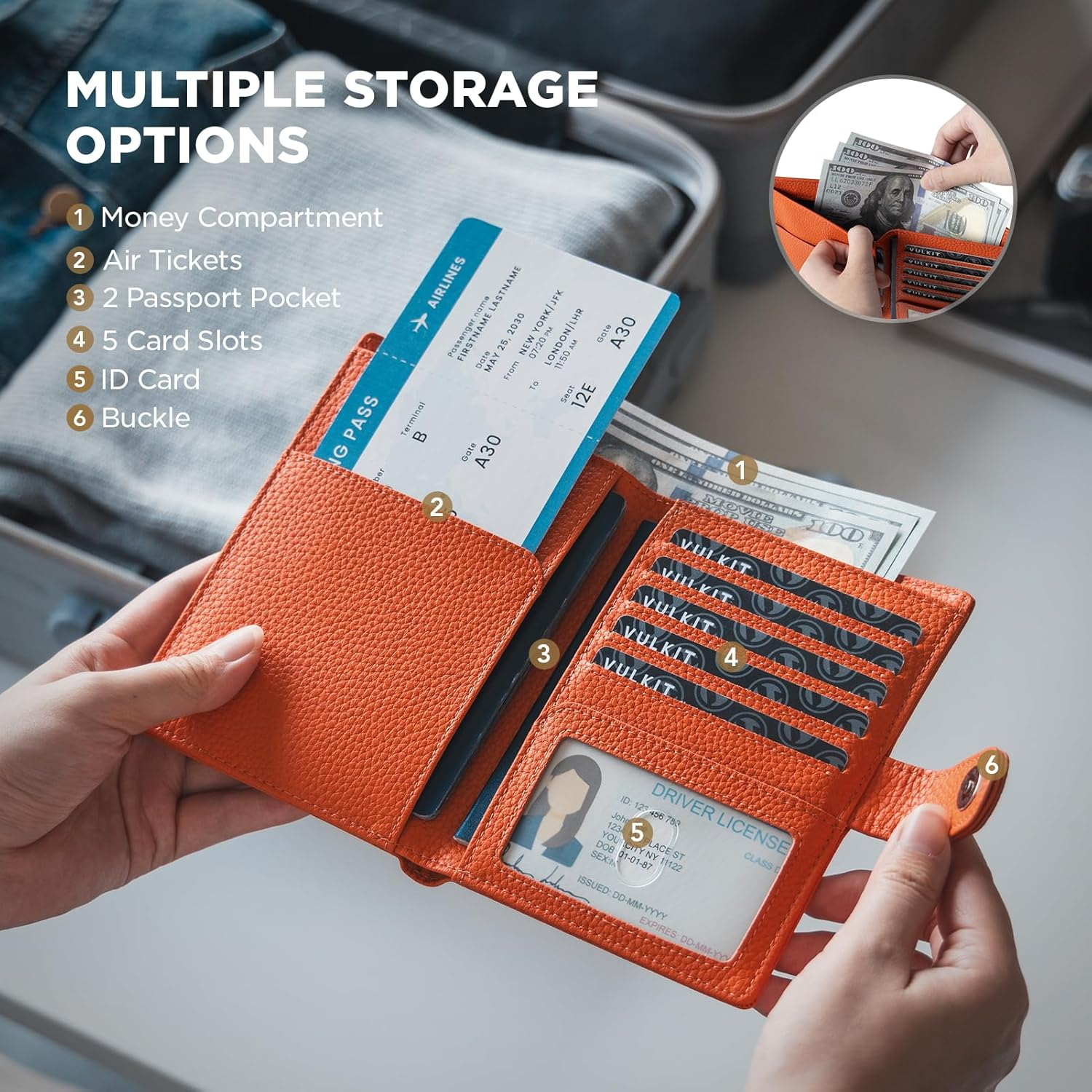 VULKIT Leather Passport Wallet for 2 Passports Pocket Slim Double Passport Holder RFID Blocking Passport Travel Wallet with ID Window for Women - Grain Black image number 5