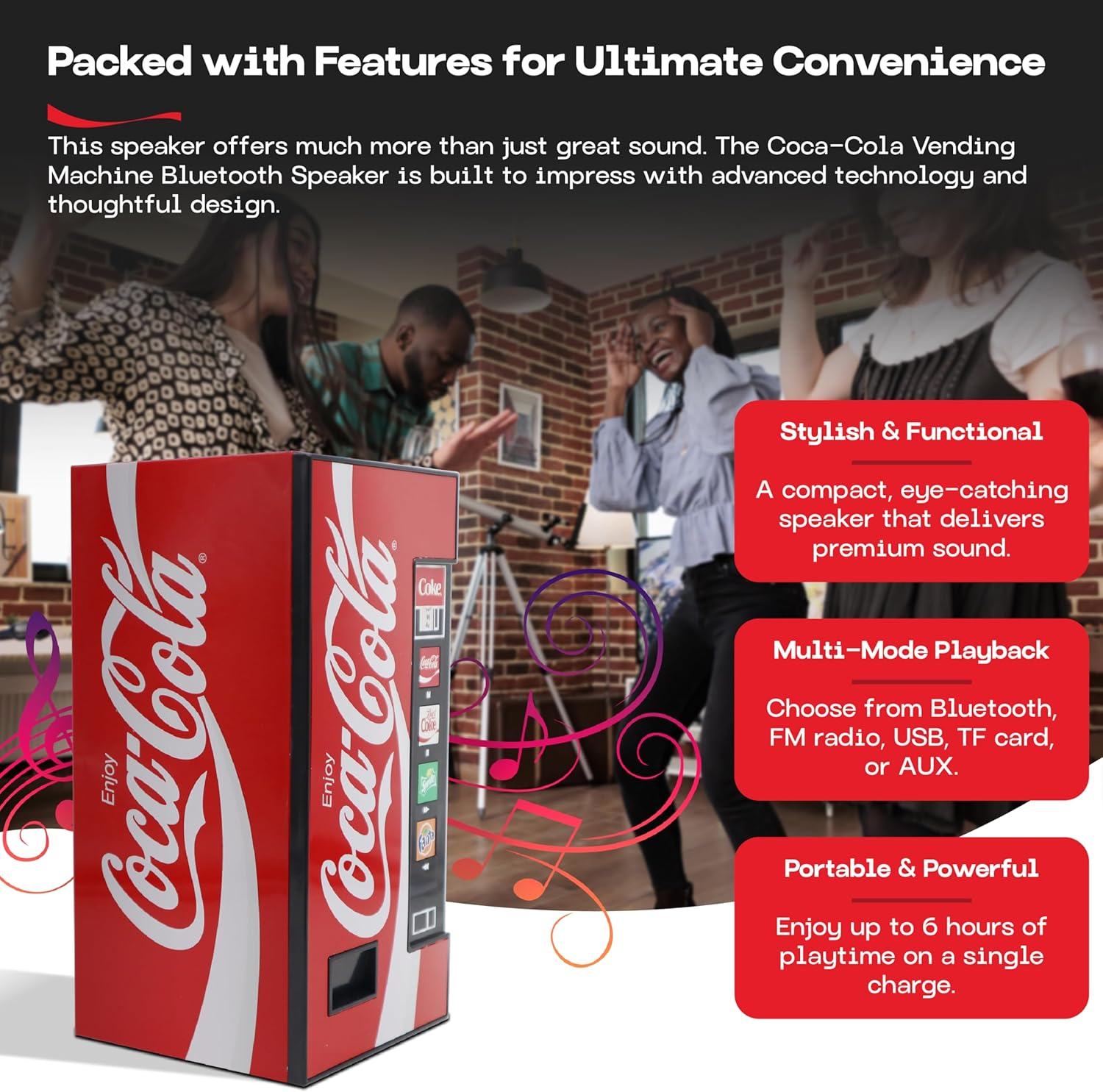 Coca-Cola Vending Machine Bluetooth Speaker, Dual 5W Speakers, Wireless Bluetooth V5.3, FM Radio, Usb/Microsd Playback, AUX Input, 10M Range, Rechargeable Battery, LED Indicator, Coca-Cola Licensed image number 3