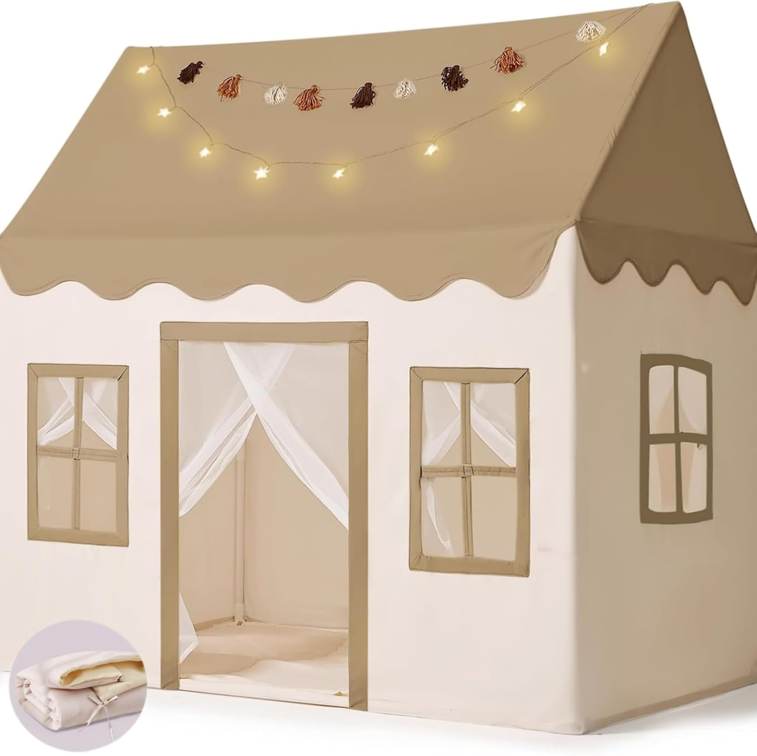 Large Kids Play Tent with Mat, Play Tent Indoor with Star Lights, Flag and Windows, Playhouse for Boys and Girls Aged 3, Kid Tent with Mat Washable (Pink)