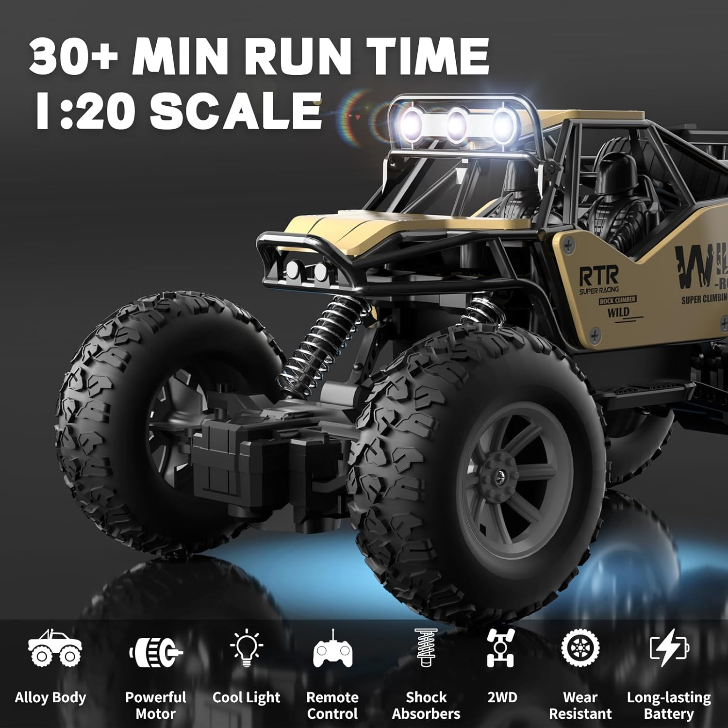 Remote Control Car for Kids,1:20 Scale RC Monster Trucks,Metal Shell 4WD LED Headlight RC Off-Road Vehicle for All Terrain Rock Climb Car for Kids Boys Toys (Gold) image number 2