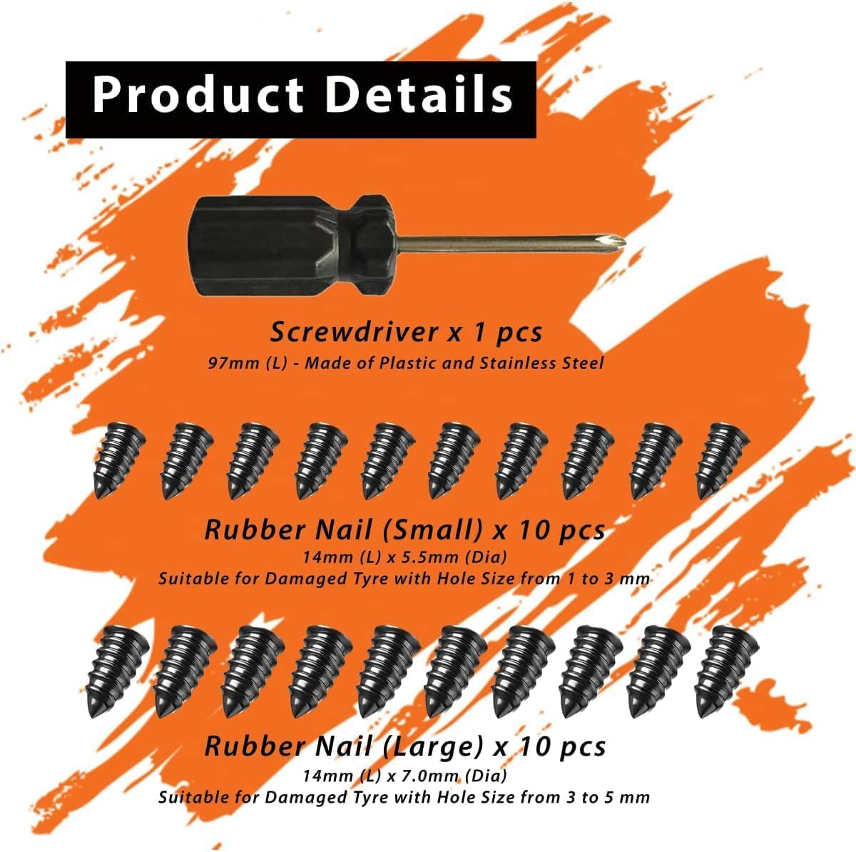 20Pcs Tyre Repair Kit, Tire Rubber Nails Tool, Self-Service Car Wheel Puncture Repair Screws with Screwdriver Set for Auto, Motorcycle, Bike, Truck, Tractor, Jeep, ATV (10S & 10L) image number 6