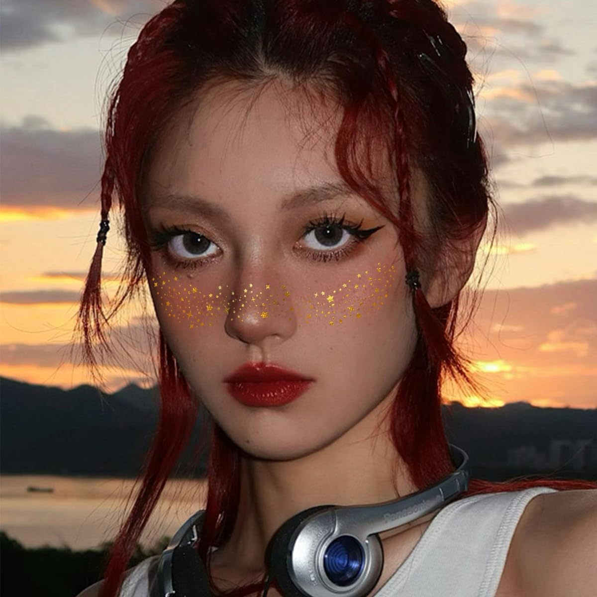 Gold Face Makeup Patches 6Pcs Glitter Freckles Face Temporary Tattoo Cute Glitter Freckles Sparkle Makeup Speckles Waterproof Face Glitter Speckles Patches for Women Cosmetic Face Glitter (Gold07) image number 4