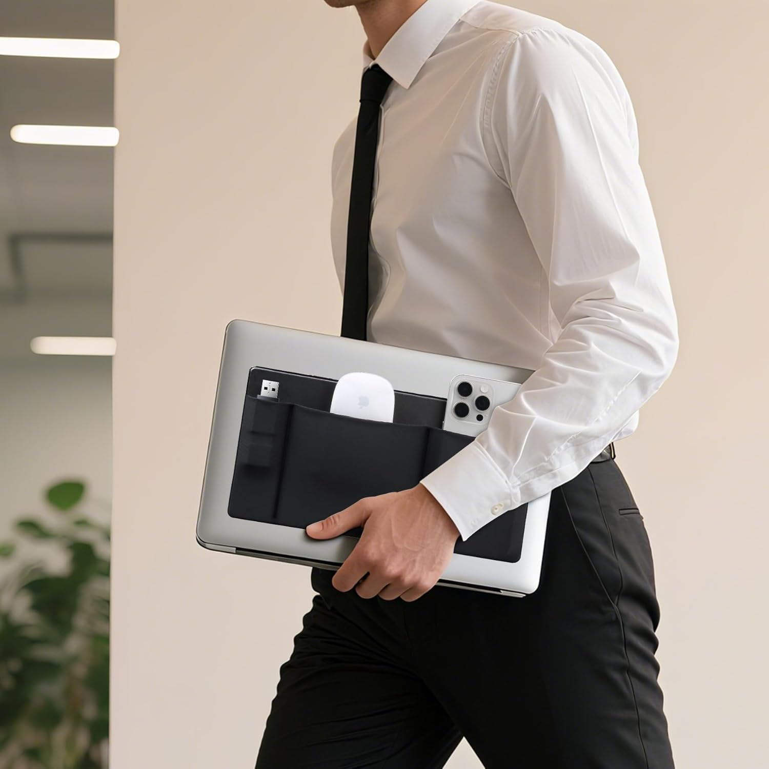 Lacdo 3-Pocket Mouse Holder for Laptop Stick On, External Hard Drive SSD Holder for Laptop, Stick on Pouch Organizer Adhesive Pocket Storage Sleeve for Mouse/Hdd/Ssd/Cables, Computer Accessories,Black image number 1