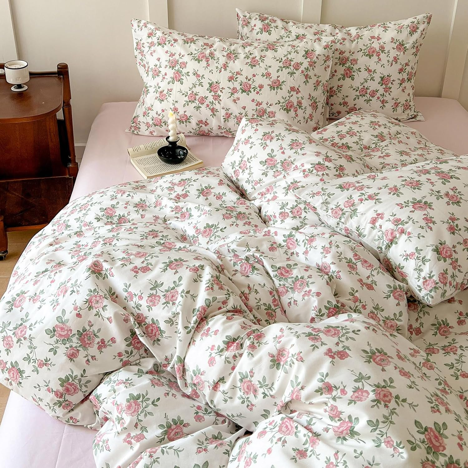Floral Duvet Cover Set Twin Size Kids Pink 100% Cotton Aesthetic Bedding Sets Girl Women 3 Pieces Floral Branch Comforter Cover with Zipper Ties Garden Bedding Cover image number 4