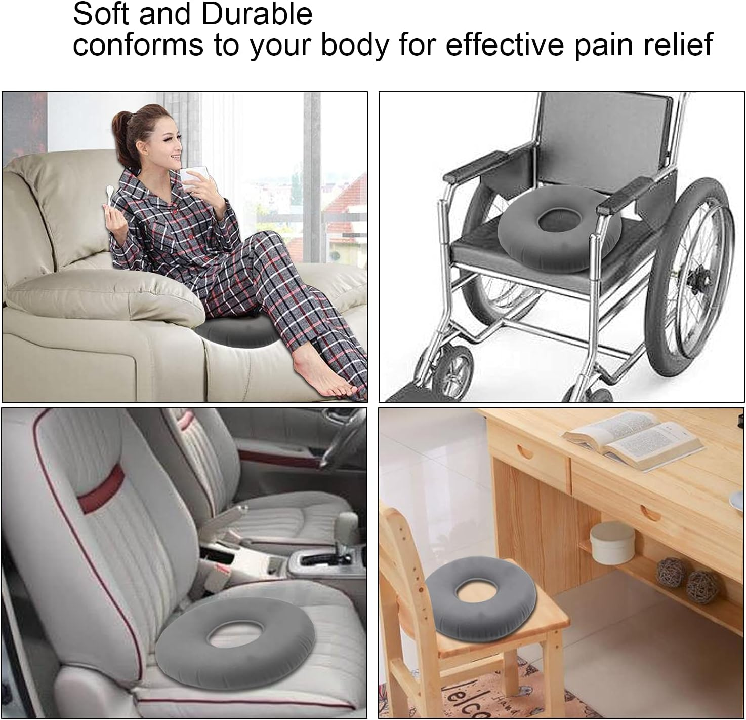 Grey Inflatable Hemorrhoid Pillow Tailbone Pain Cushion, Pillow Flocked Fabric Air Pillow for the Home, Office,Hiking,Camping,Traveling,Napping,Desk Rest,Neck & Lumbar Support