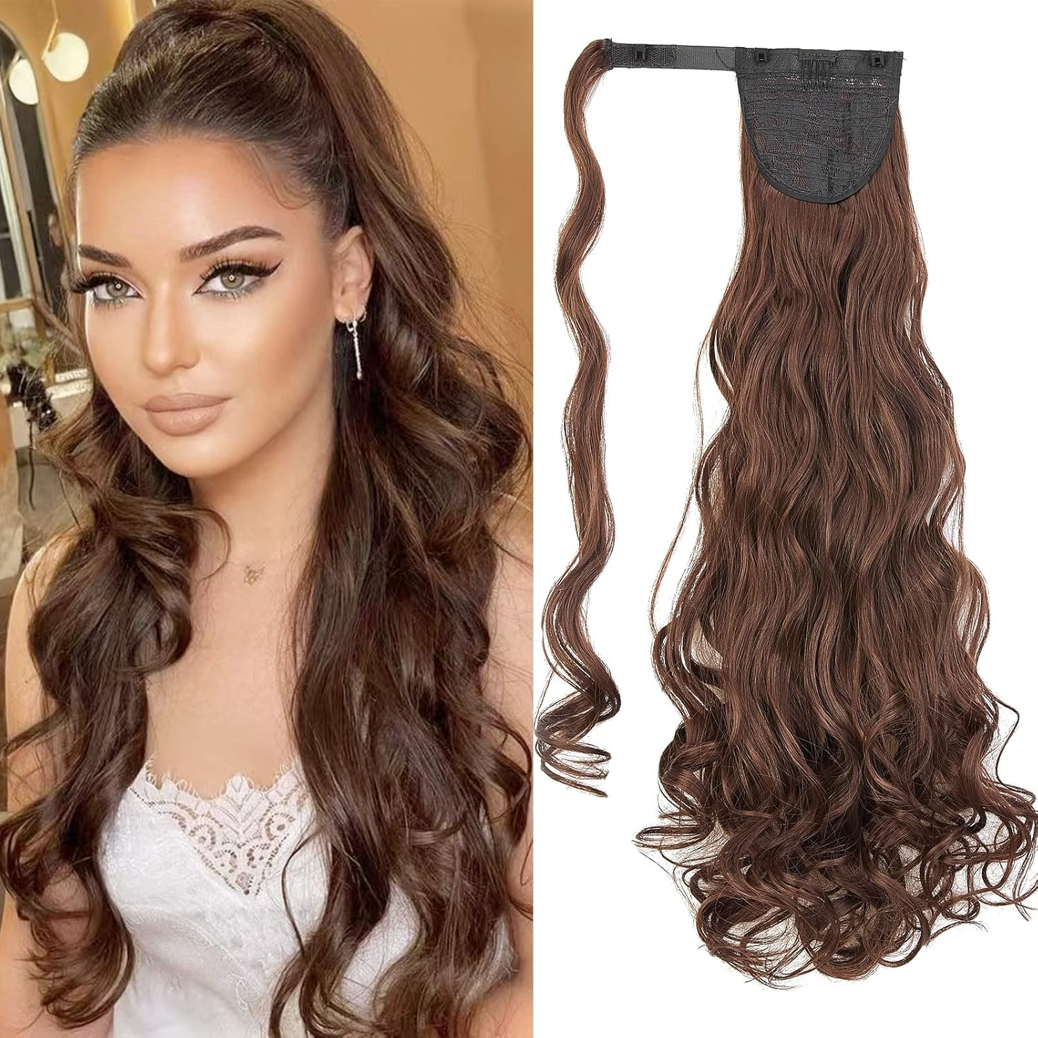 Gairyan Clip in Ponytail Extensions 24 Inch Golden Brown Hair Extension Long Curly Wave Ponytail Wrap around Pony Tails Synthetic Hairpiece for Women Natural Looking image number 5