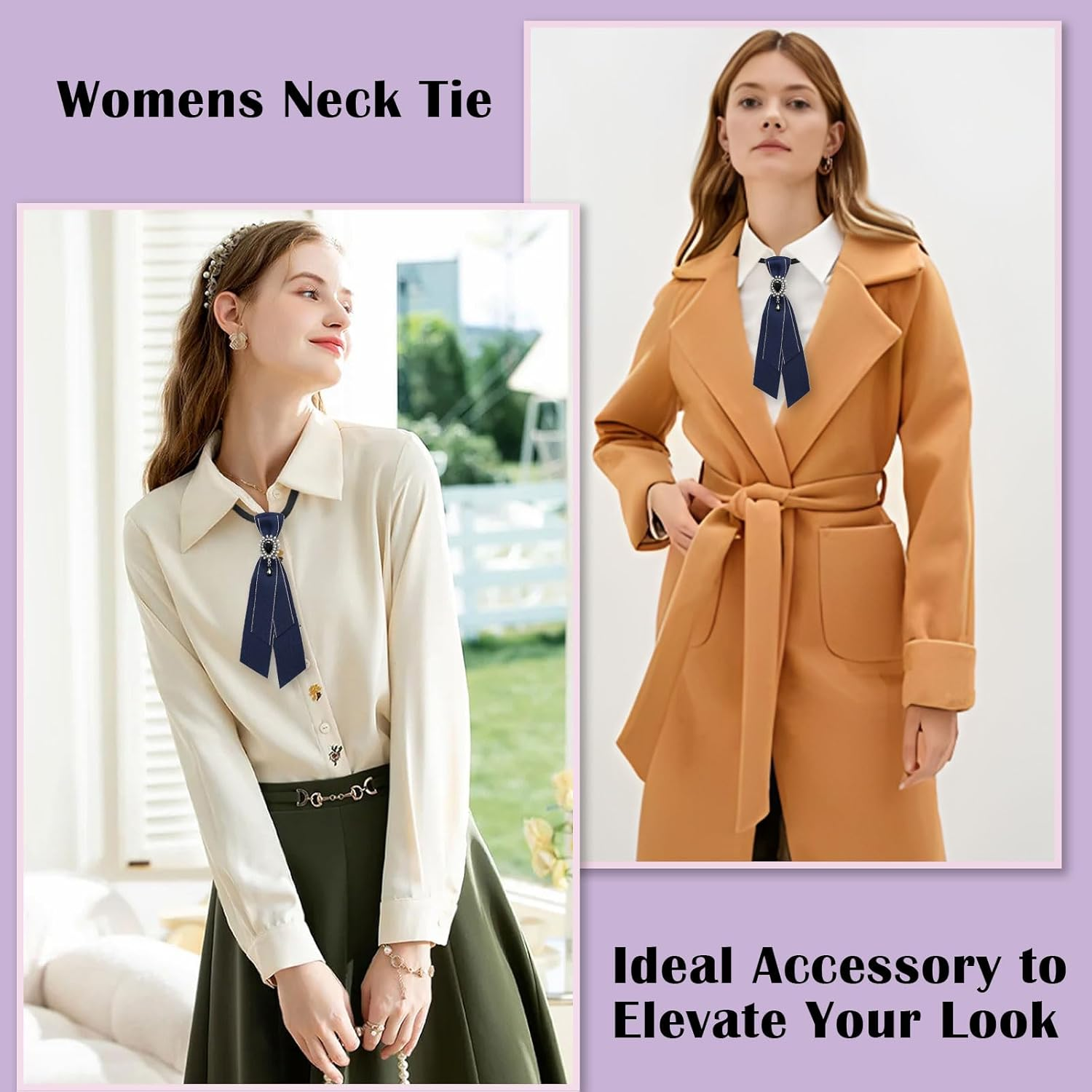 Bow Tie for Women, Adjustable Womens Tie Girls Uniform Ties Pre Tied Womens Necktie with Artificial Pearl for School - Baby Blue Yellow image number 2