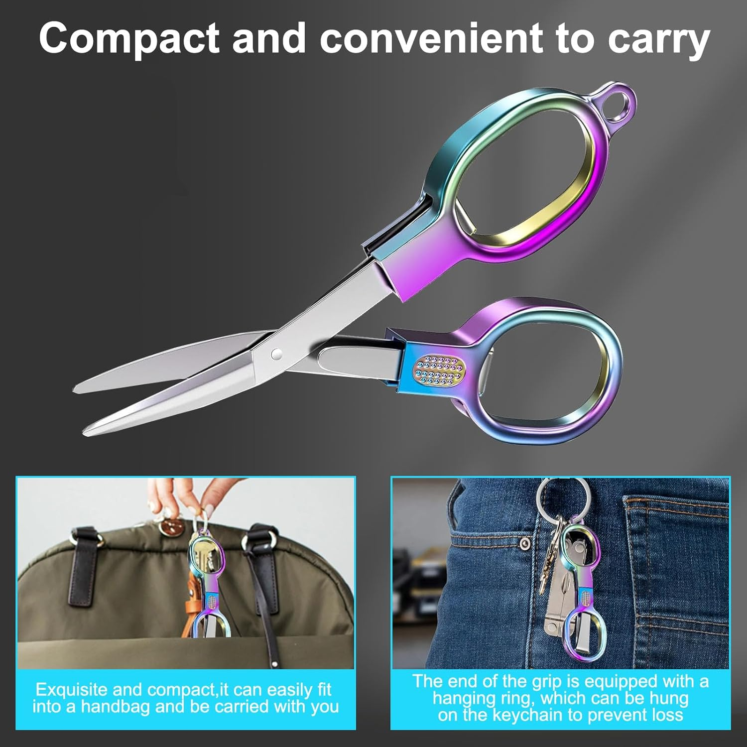 2 Pcs Foldable Stainless Steel Mini Scissors， Portable, Safety Keychain Design for Travel, Office, Craft, Sewing & Nursing(Color) image number 3