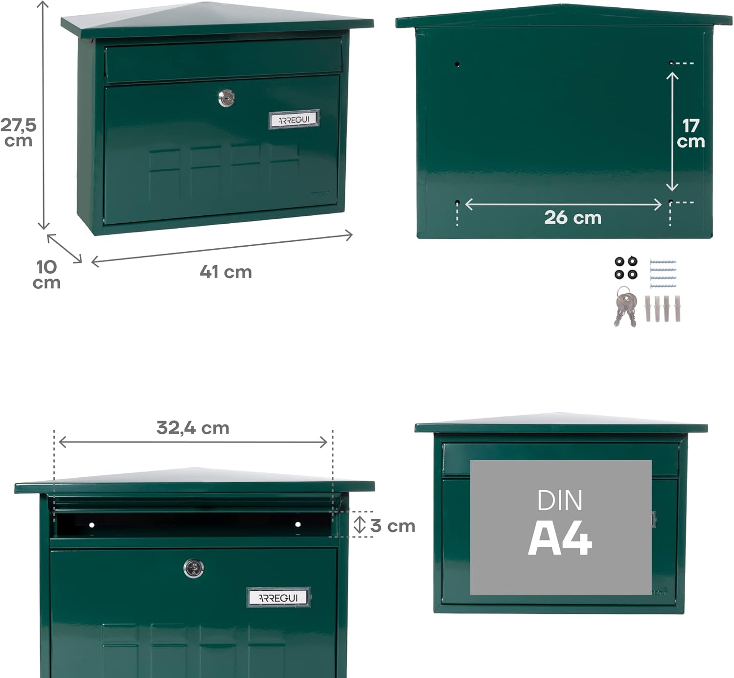 ARREGUI Deco E5703 Galvanised Steel Letter Box, Size M (DIN A4 Post), Horizontal Wall Post Box for Outdoor Use, Post Box with Name Plate and Flap, Green image number 2