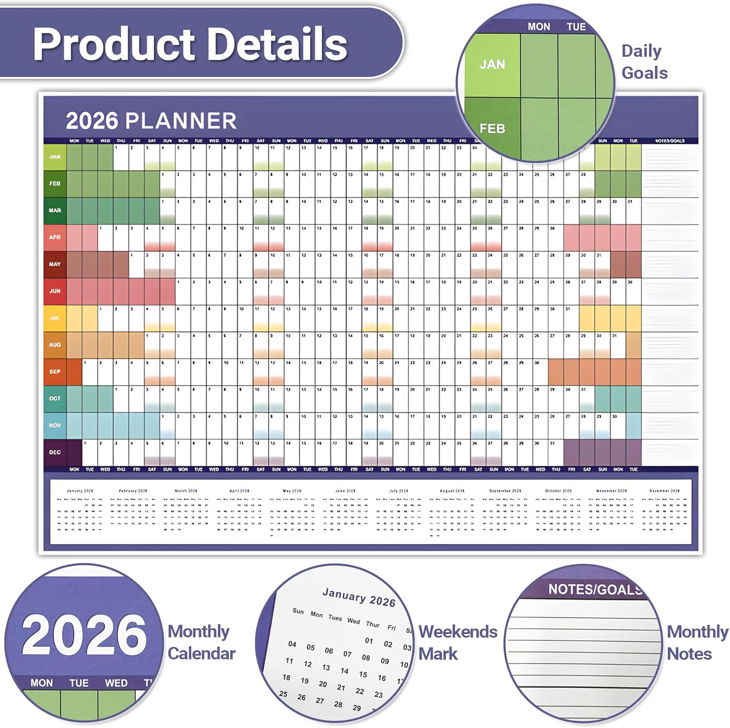 2026 Wall Planner, Large Wall Calendar&ndash; Foldable Poster Chart Calendar with 365 Daily Plan & Colorful Stickers, Full Year Annual Wall Calendar for Home Office School Planning, Organizing & Scheduling image number 4
