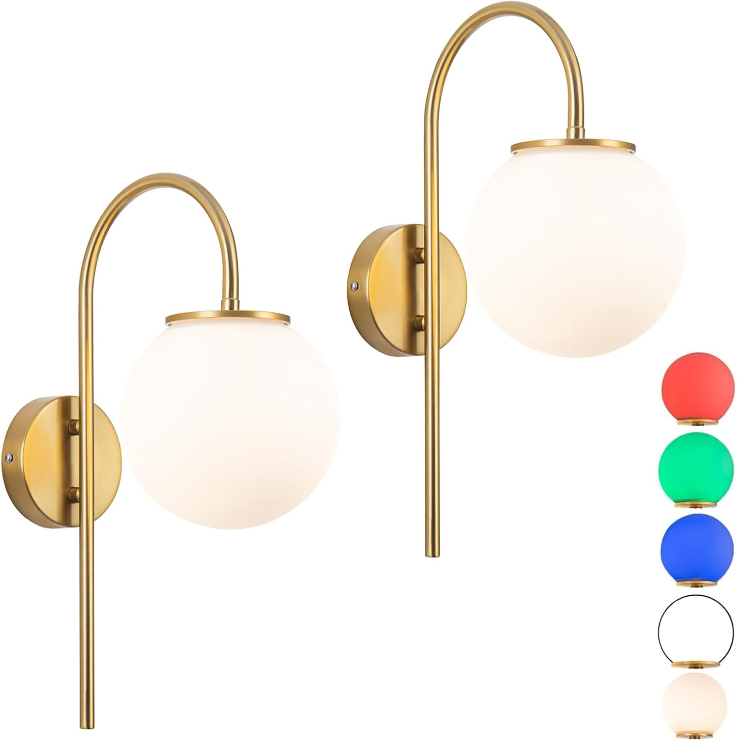 Battery Operated Wall Sconces Set of Two,White Glass round Lampshadewireless Wall Lights Fixtures with Remote Control,6 RGB Color Dimmable,(With Bulbs+Remote Control+Charging Cable)