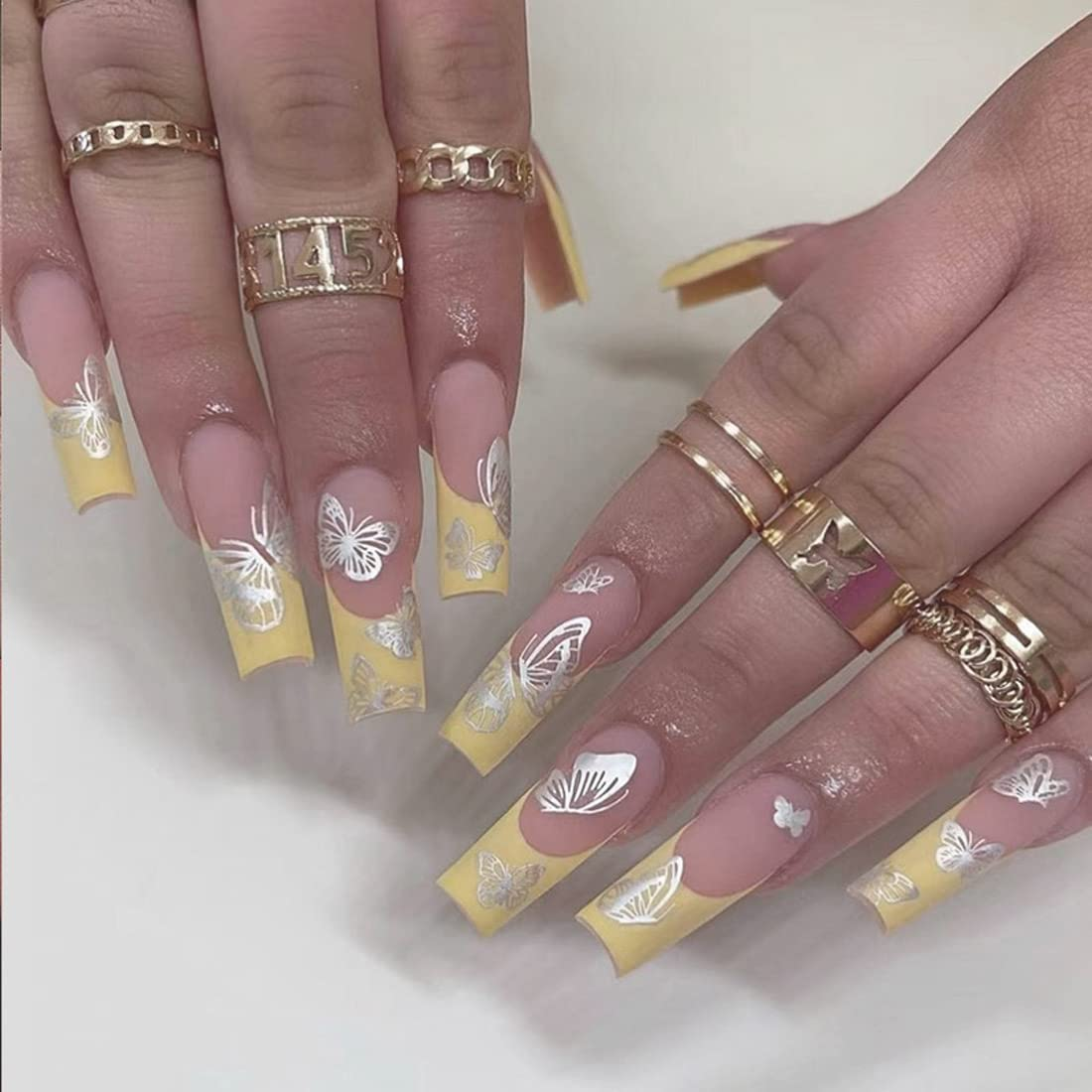 Yellow Ballerina Nails 24Pcs Matte False Nails Extra Long Press for French with Exquisite Butterfly Design Full Cover Fake Nails for Women and Girls image number 1