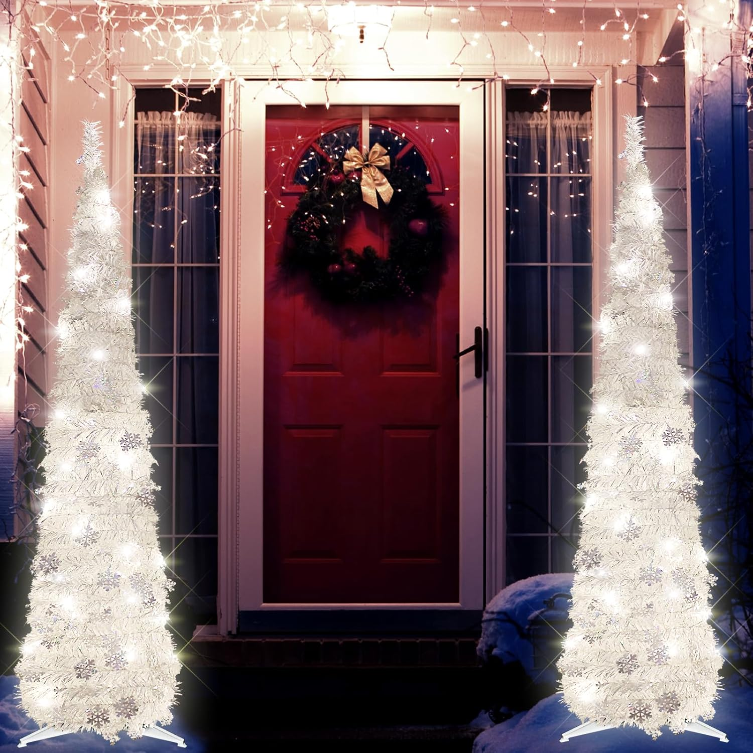 5FT Pop up Christmas Tree for Indoor Decoration Pre-Lit Mini Christmas Tree with 60 Lights, Silver White Artificial Pencil Tree Collapsible Tinsel Lighted up Christmas Tree with Snowflake Glitter image number 2