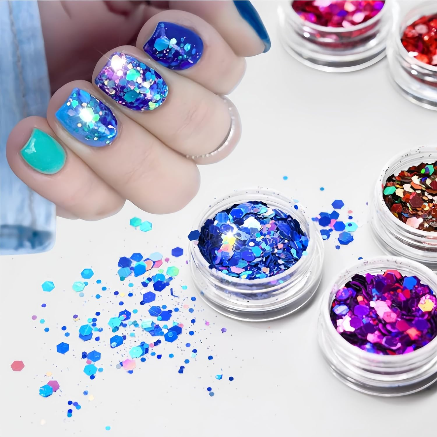 24 Jars Holographic Chunky Glitter for Crafts, Resin, Hair Face Body Makeup Nail, Crafts, Party Christmas Decorations, Different Size Hexagons Shaped image number 4