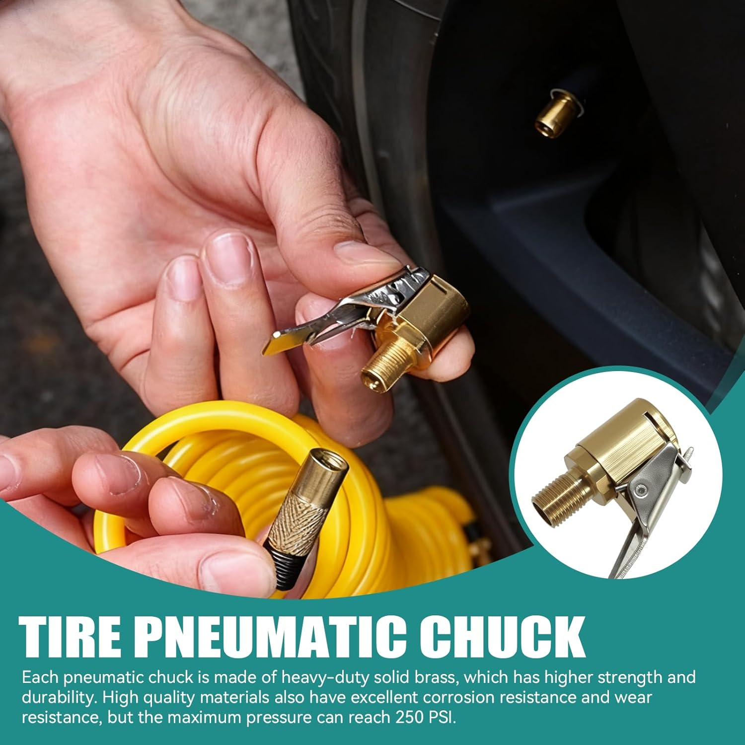 4 Pcs Tire Air Chuck with Clip Adapter, Brass Locking Tire Inflator Nozzle Adapter, Vehicle Inflator Compressor Pump Accessories Tool for Car Bike Motorcycle Air Hose 8Mm for Inflation