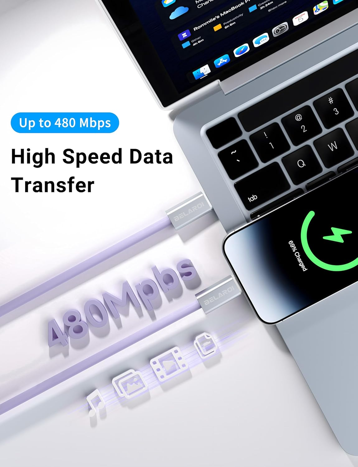 BELAROI Magnetic USB C to USB C Charging Cable [240W/140W/100W PD Fast Charging][480Mbps Data Sync] Soft Silicone Durability with Aluminum Connector for Macbook/Iphone 15/16 Pro/Plus/Android (Purple)