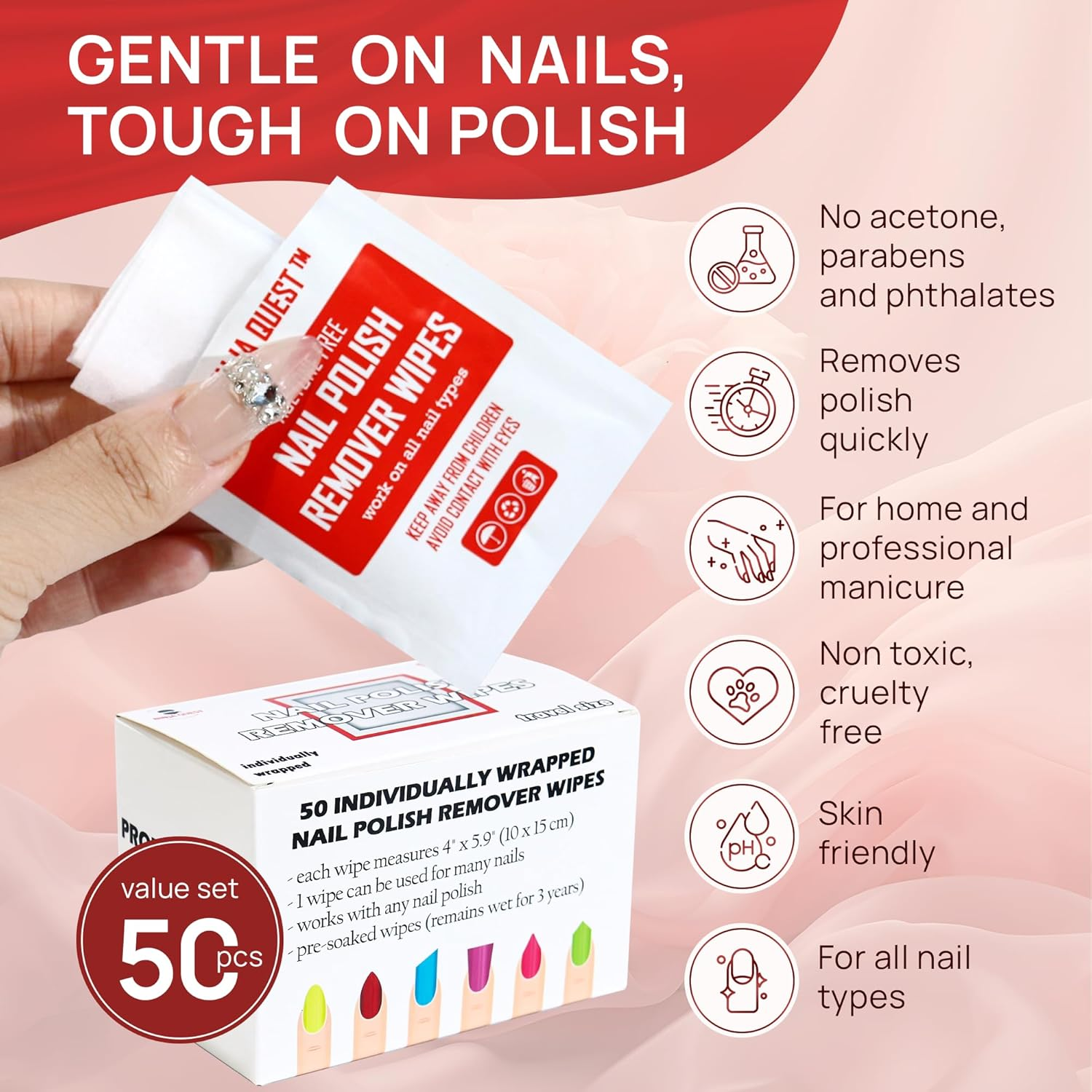 Nail Polish Remover Pads - 100% Non-Acetone - 50 Pack Bulk Set - Individually Wrapped - Quick Nail Polish Remover Wipes - Fingernail Travel Kit to Clear Nail Polish for Home & Professional Removal image number 4