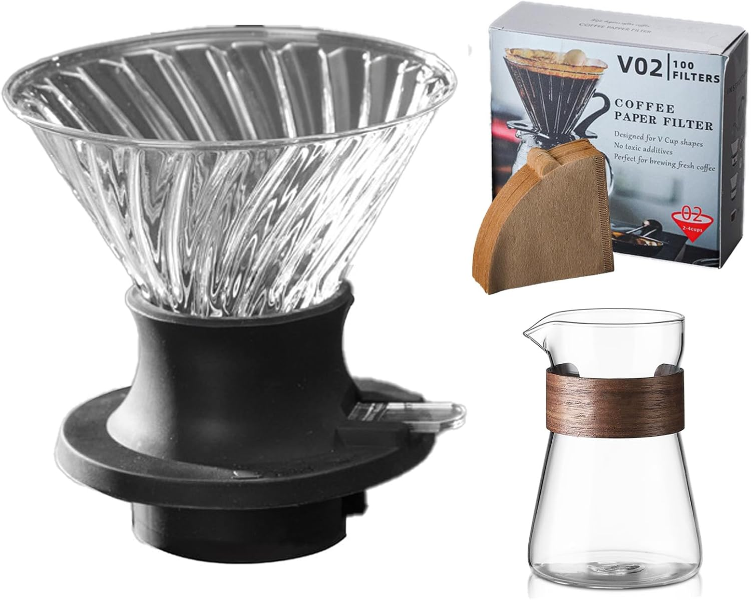 Pour over Coffee Maker, 18 Oz Borosilicate Glass Set with 100 Pcs V60 Paper Filter - Coffee Dripper with Control Buttons Allowing Coffee to Flow or Stay in Place, 1-3 Cups, Clear image number 1